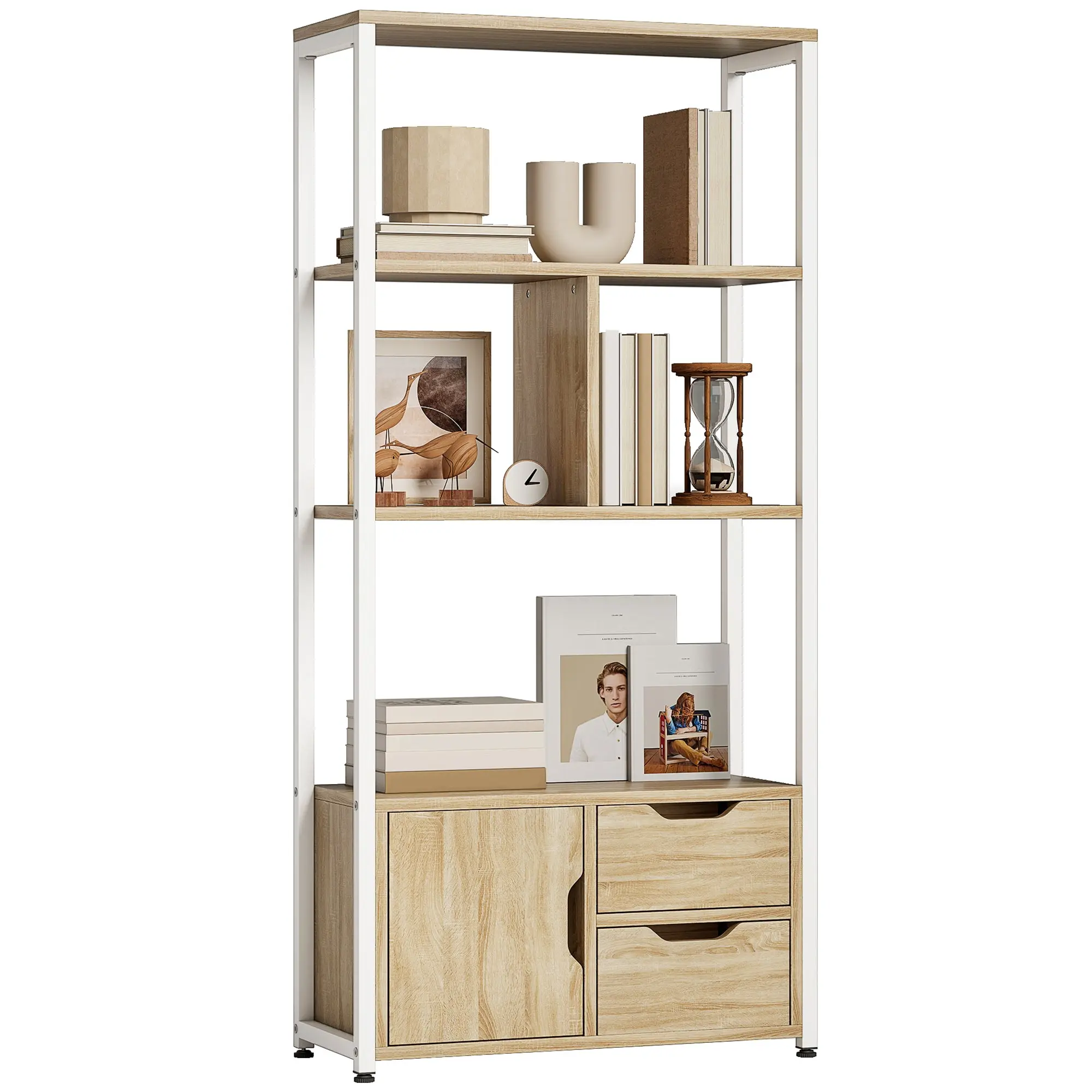 Industrial Bookcase — 4 Open Shelves, 2 Drawers & Cabinet, 58 x 24 x 122 cm (23 x 9.4 x 48 in) — Natural Wood/White