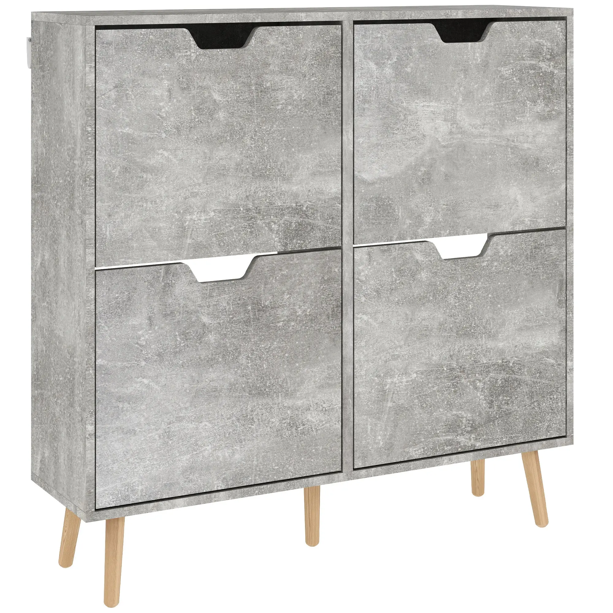 Entryway Shoe Cabinet with 4 Flip Drawers on 2 Levels for 16 Pairs of Shoes, Space-Saving Shoe Cabinet with Adjustable Shelves in Chipboard and Pine Wood, 95x26x95 cm, Gray