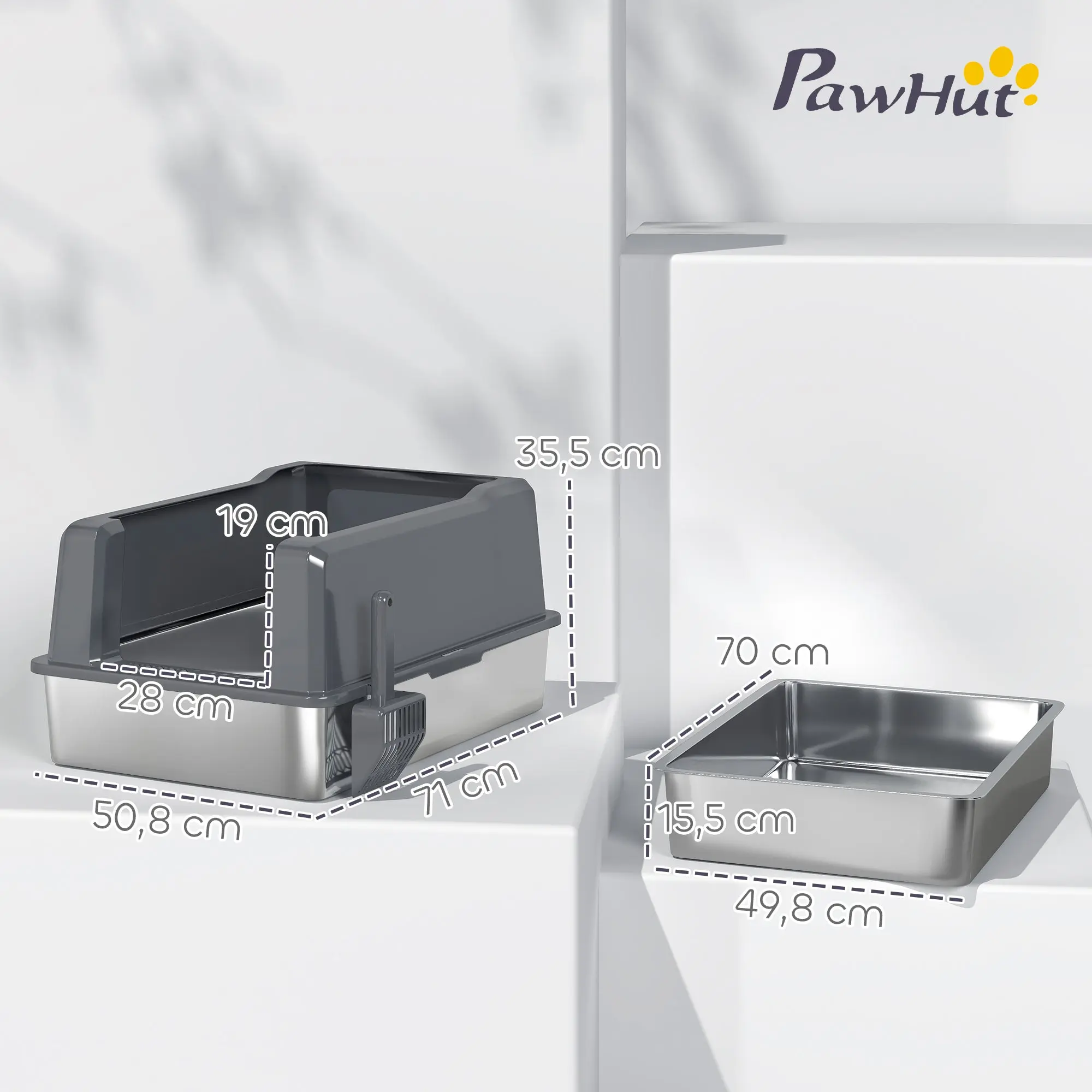 XXL Stainless Steel Cat Litter Box, 85L Large Capacity, Semi-enclosed Cat Toilet House, with Scoop and Non-slip Pads, Easy to Clean, 71 x 50.8 x 35.5 cm, Gray