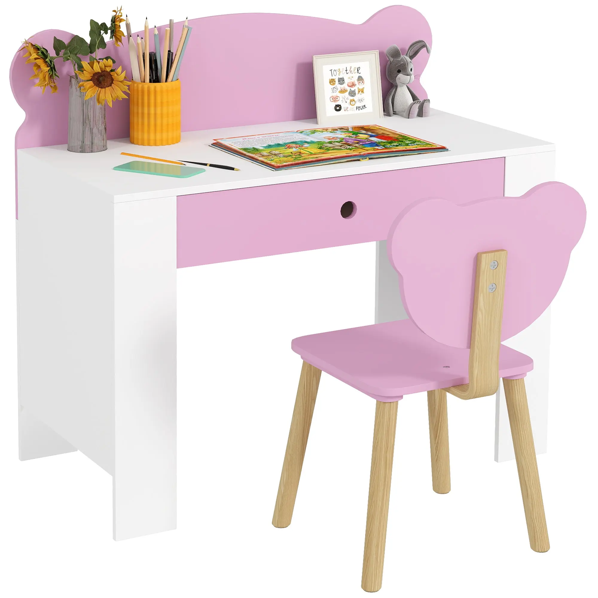 Children's Desk Set with Chair, Study Table with Drawer, Bear-Shaped Backrest, Ages 3-8 Years, Pink