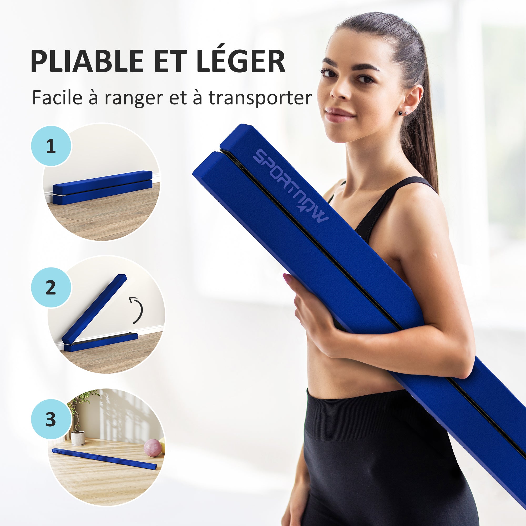 Poutre de gymnastique pliable SPORTNOW 210 cm en velours, avec base antidérapante, équipement d'entraînement de gymnastique pour enfants et adultes, Bleu