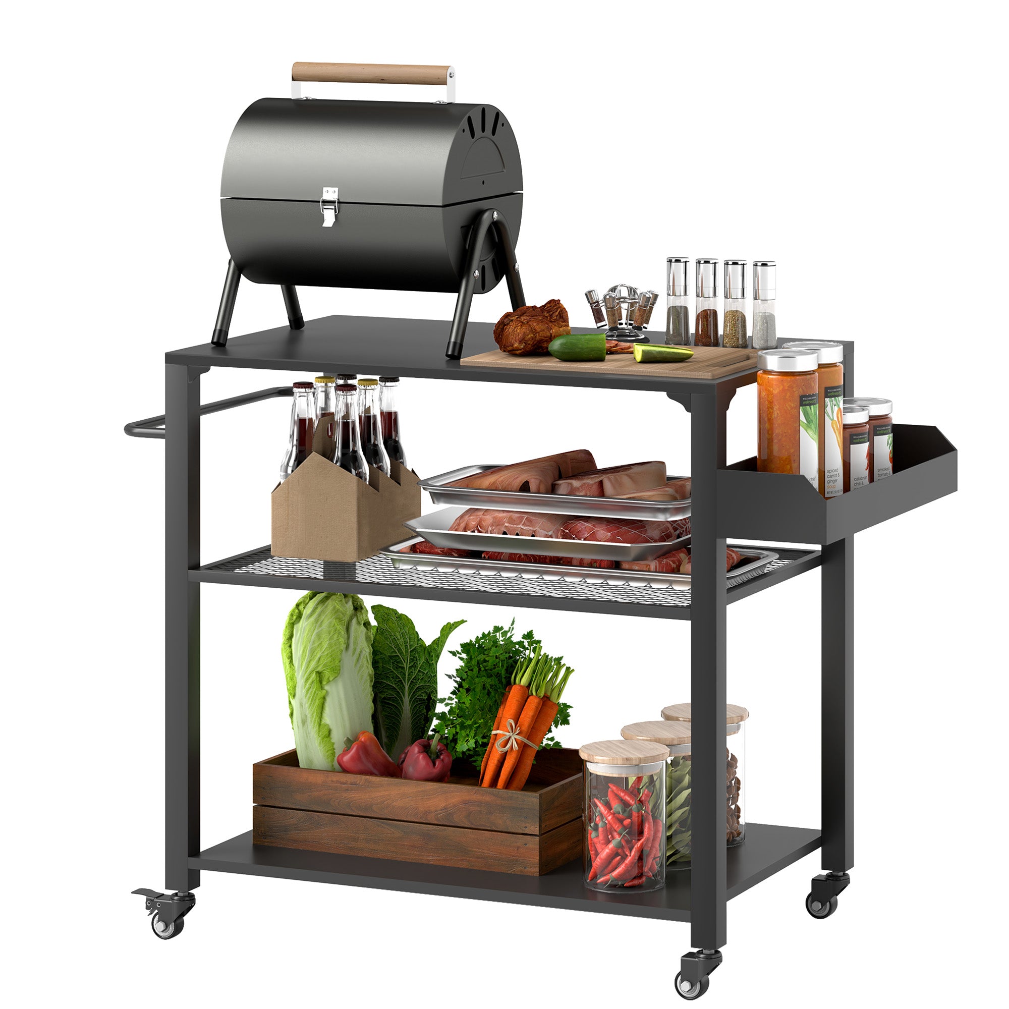Тротинетка с 3 нива Outsunny за BBQ с работна повърхност и колела, Стенна маса от неръждаема стомана, странична маса за грил, открито каре, въглищен грил за градина, патия, размери 105x50x79см черна