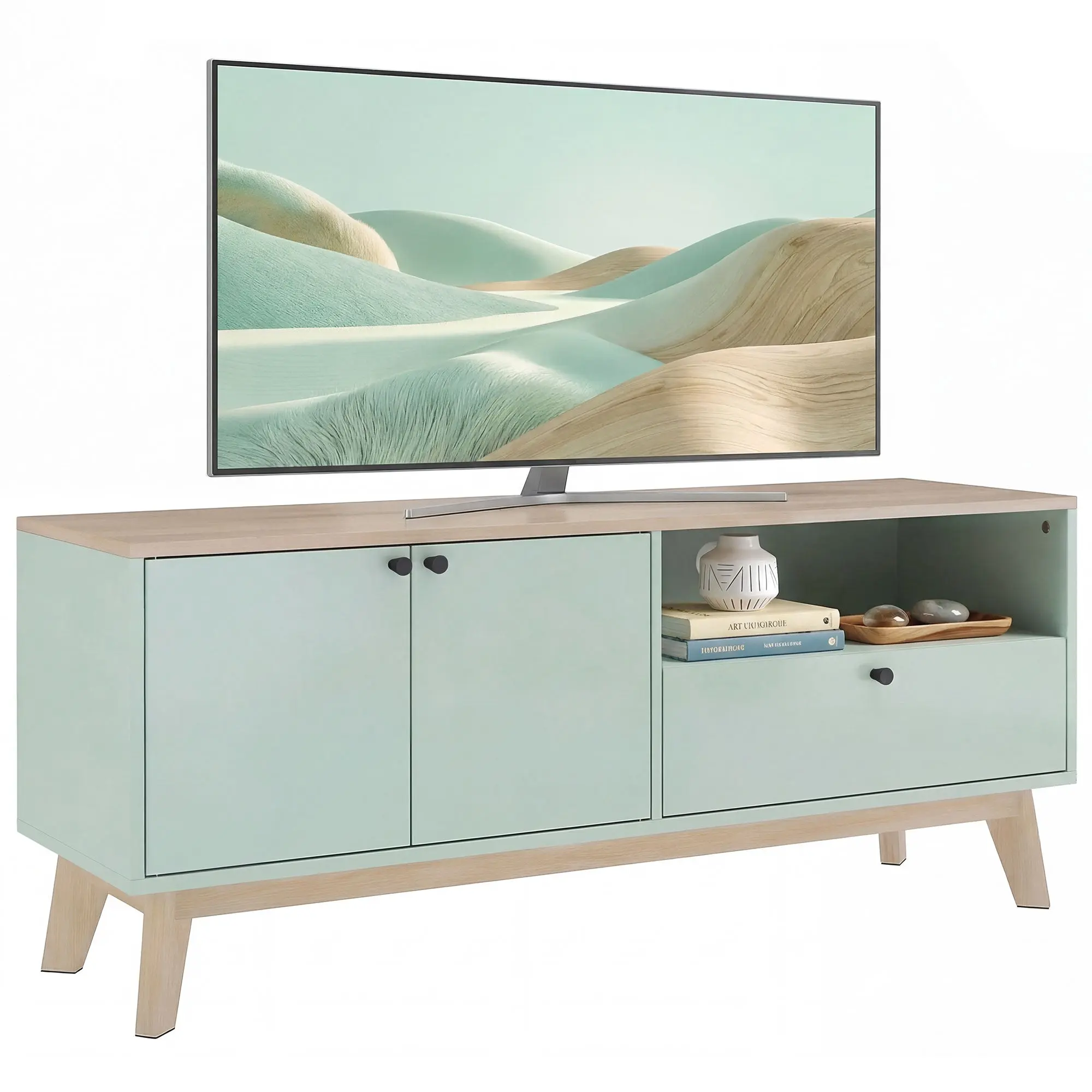 TV Stand 47.2" (120 cm) – Fits TVs up to 36" – 2 Doors, Drawer, Open Compartment & Adjustable Shelf – Modern Light Green