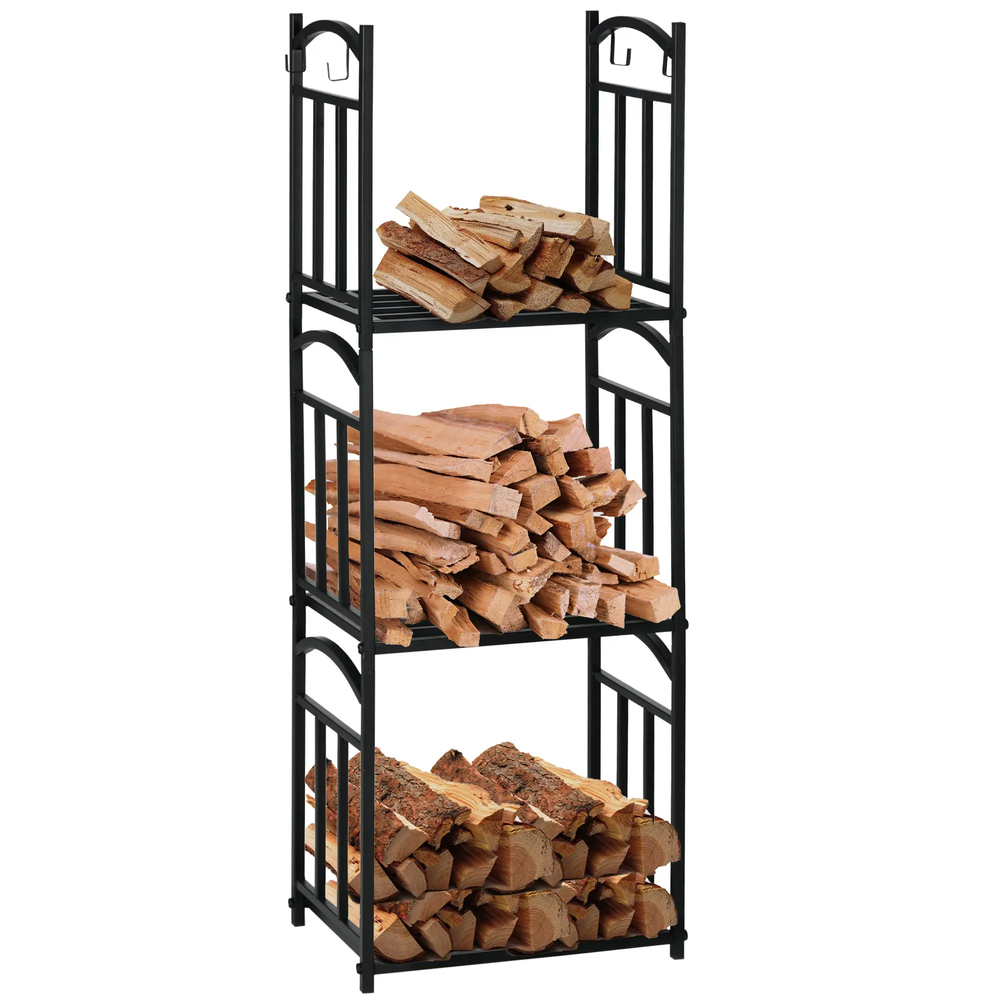 Firewood Rack for Outdoor and Indoor Use 3 Levels, Separate or Stacked, Metal Wood Rack with Tool Hooks, Black
