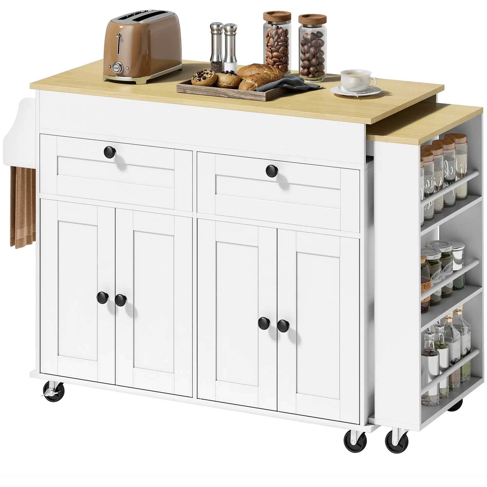 Kitchen Island with Extendable Top, Rolling Cart with 2 Drawers, 4 Doors, Spice Rack & Towel Rail, Rustic White, 50.1–74.5 x 19.7 x 34.6 in