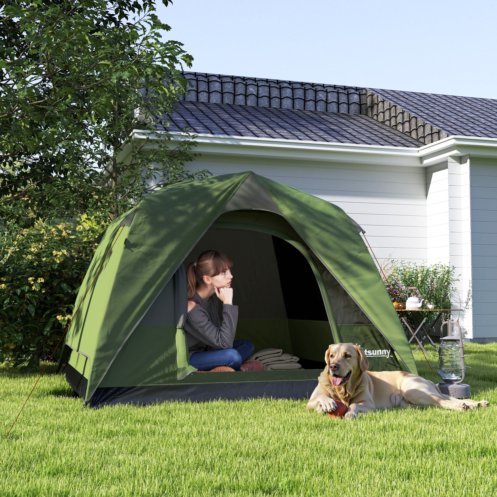 Camping Tent for 2-4 People, Waterproof Family Dome Tent, with Windows, Pocket, Carrying Bag, and Hook, for Picnics, Hiking, Trekking, Camping, Olive Green
