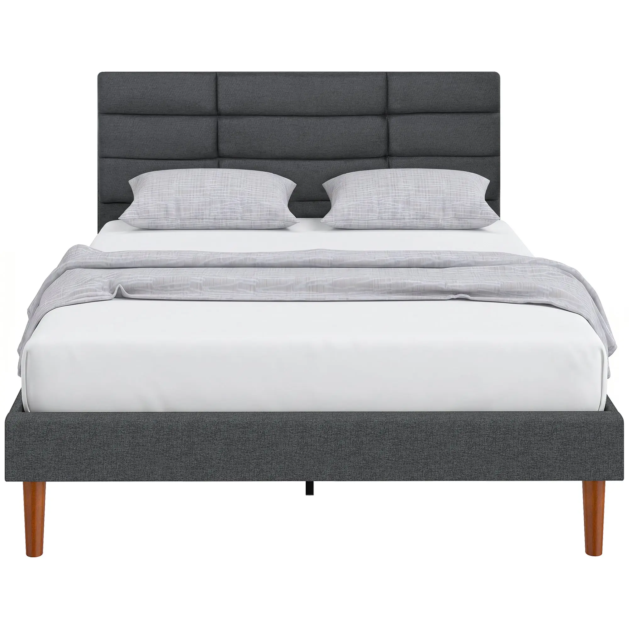 Upholstered Bed Frame for 55 x 79 in Mattress with Padded Headboard & Under-Bed Storage, Slatted Base, Modern Gray