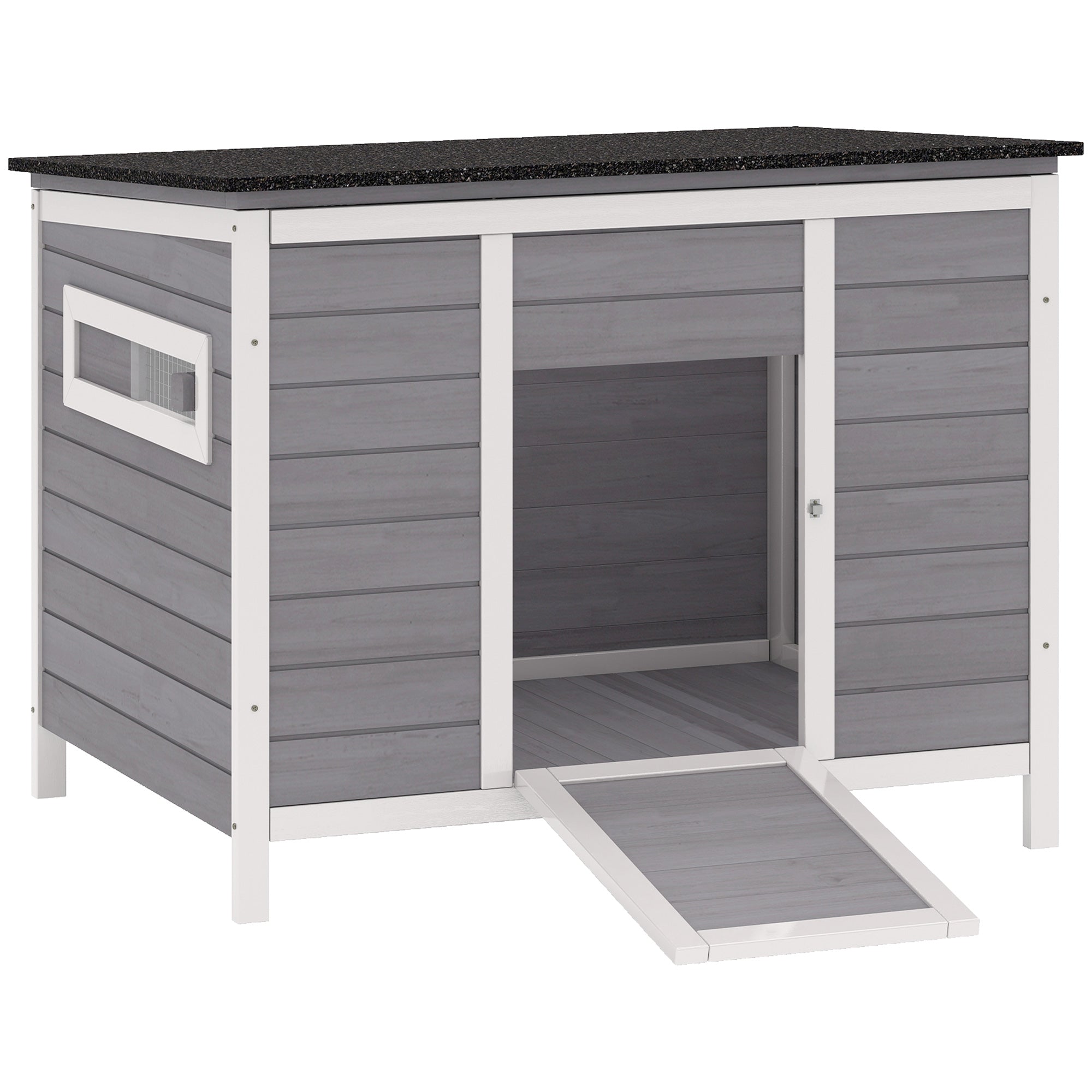 PawHut wetterbeständegt Holz-Entenhaus mat ofnehmbarem Buedem, Schiebefënsteren & Asphaltdaach — erhéicht Stall mat Rampe fir 2–3 Enten/Hühner, gro (93 x 70 x 72 cm)