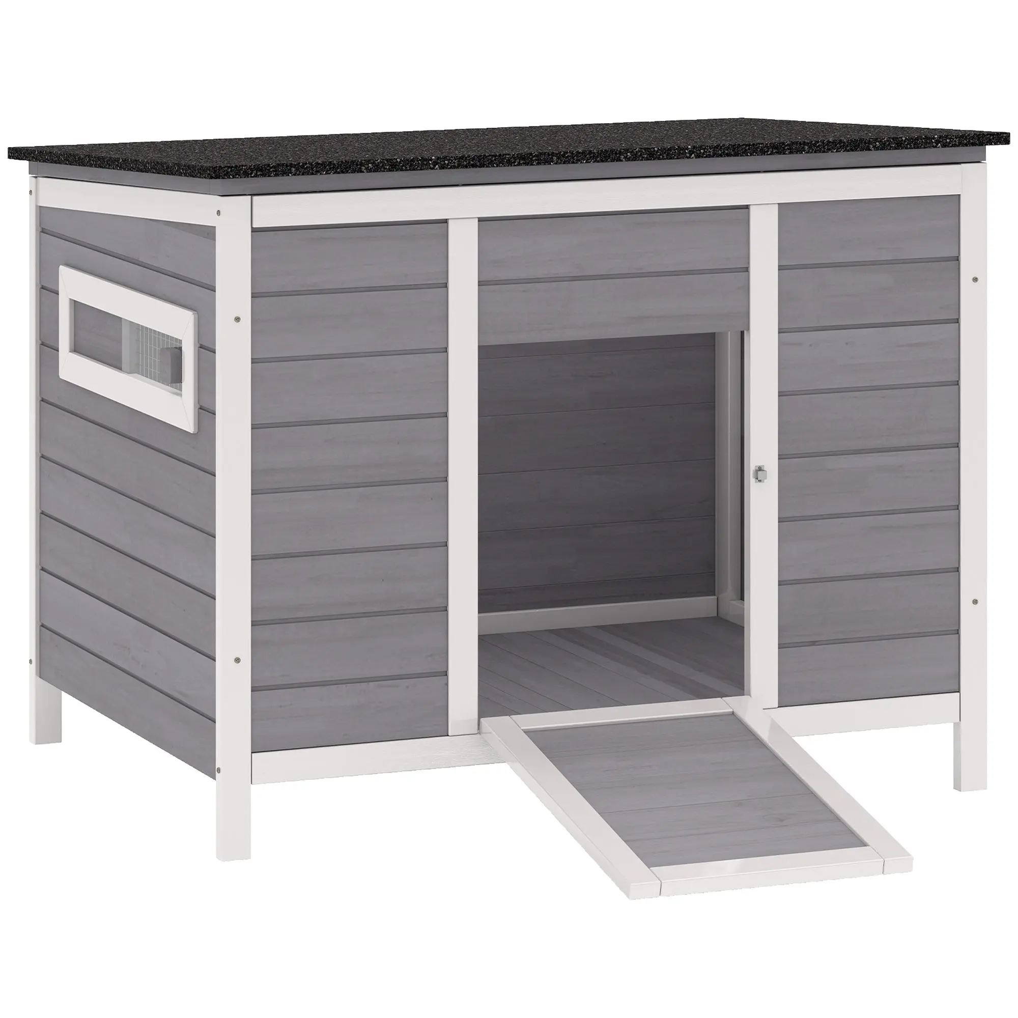 Weatherproof Wooden Duck House with Removable Floor, Sliding Windows & Asphalt Roof — Elevated Coop with Ramp for 2–3 Ducks/Chickens, Gray (93 x 70 x 72 cm / 36.6 x 27.6 x 28.3 in)