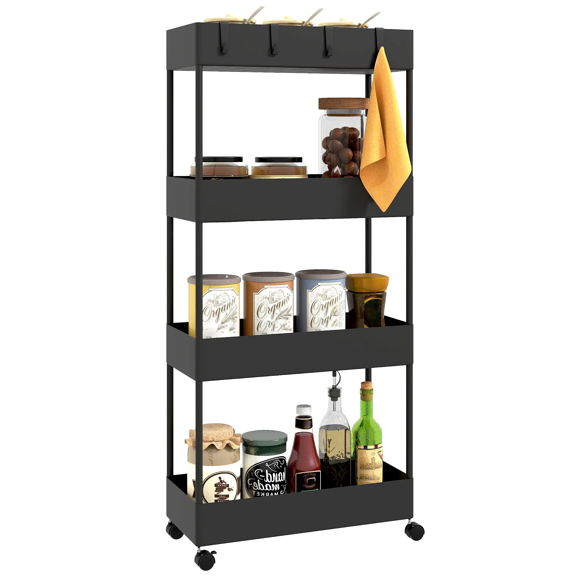 Serving Trolley with 4 Levels Kitchen Cart with Wheels Rolling Cart with Hooks Multipurpose Cart for Kitchen Office Bathroom, White, Black