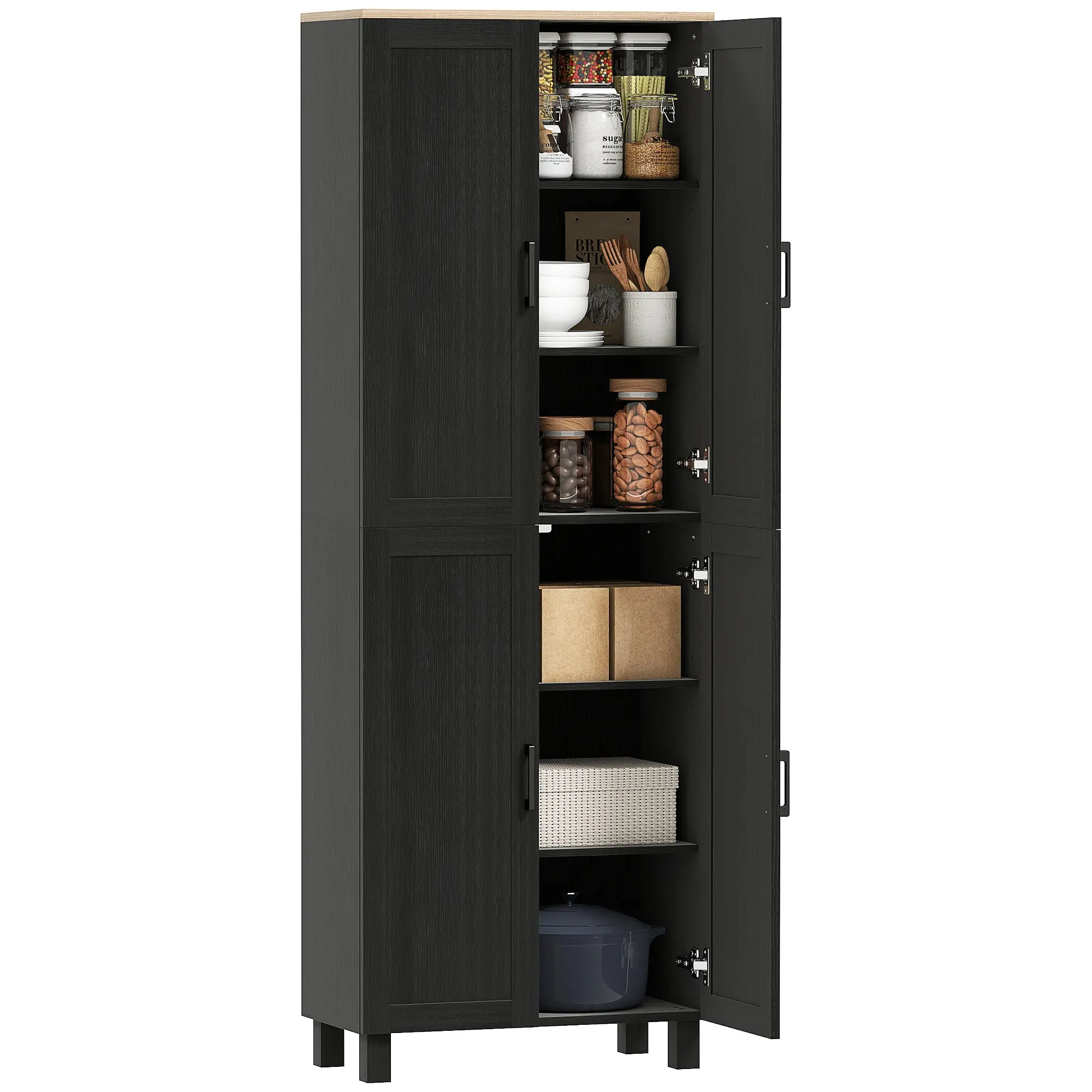 Modern Tall Kitchen Storage Cabinet, 4 Doors, Adjustable Shelves, 23.6 x 11.8 x 67.1 in (60 x 30 x 170.5 cm), Black