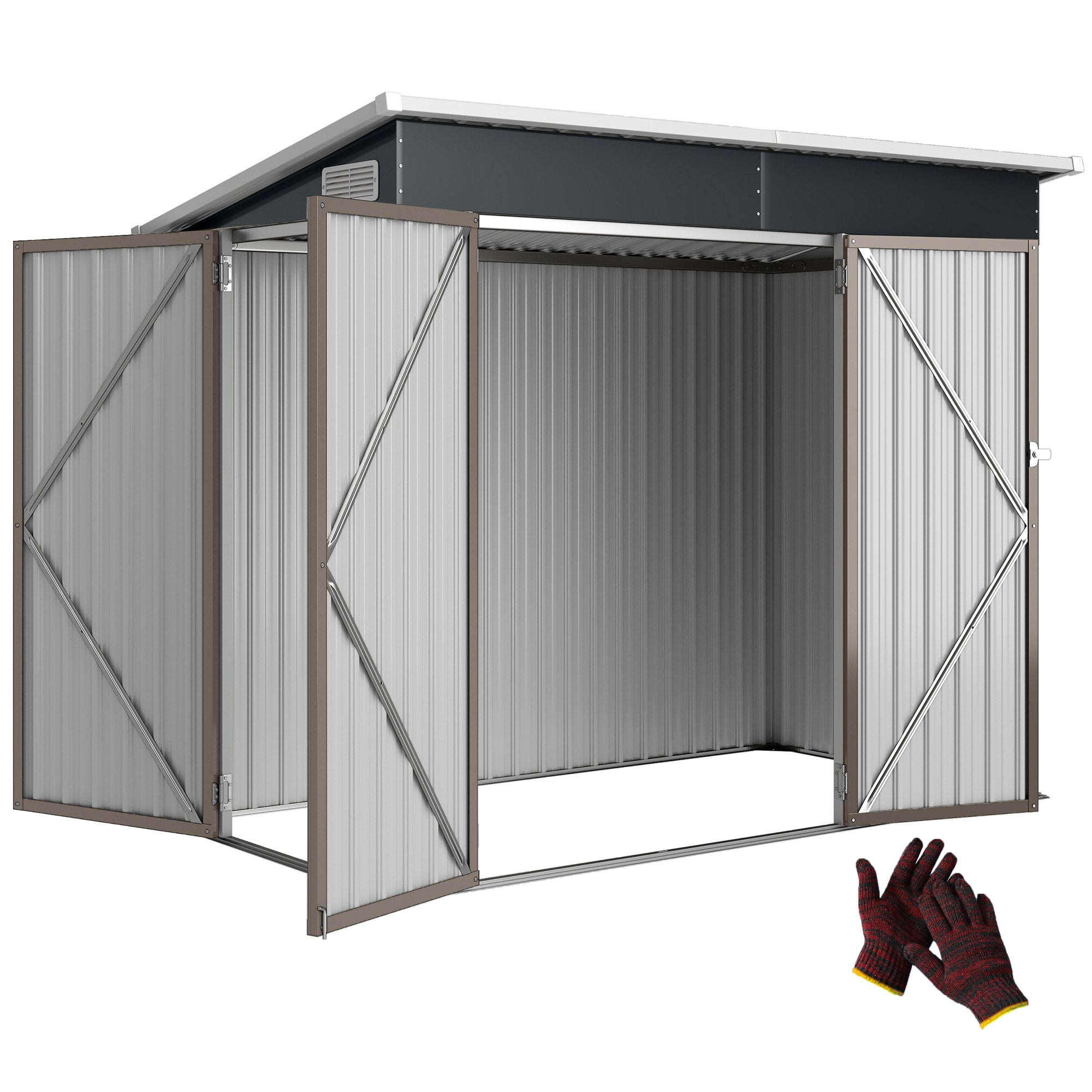 Metal Garden Shed, Outdoor Storage 234 × 132 × 185 cm, Lockable Triple Doors, Sloped Roof, Vents & Gloves, Galvanized Steel, Light Gray