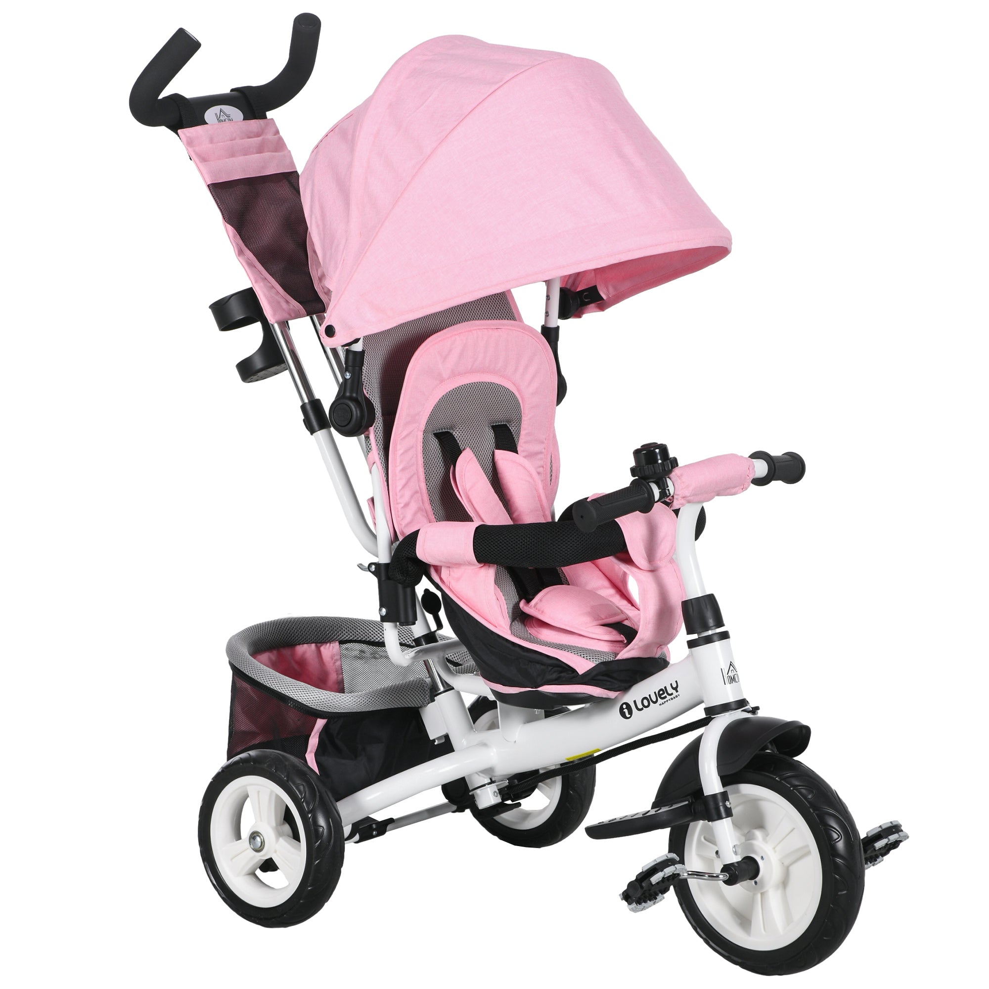 HOMCOM Evolutiv Tricycle fir Kanner mat Klappbarem Dächchen, Teleskop- a Entfernbare Maman Handgrëff, Täsch an Fläschchenhalter 102x49x102 cm Rose