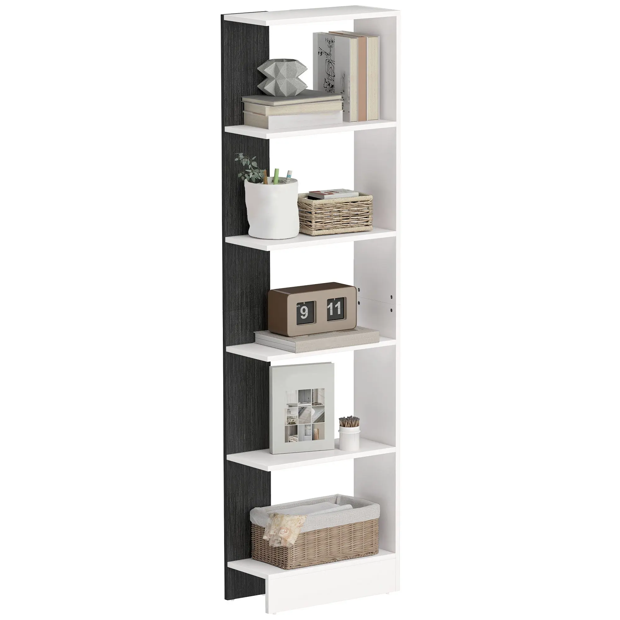 Narrow 5-Shelf Cabinet, Space-Saving Modern Wooden Storage Shelf for Bathroom, Living Room, Bedroom, Study and Office, 17.7 x 8.3 x 66.9 in, White & Black