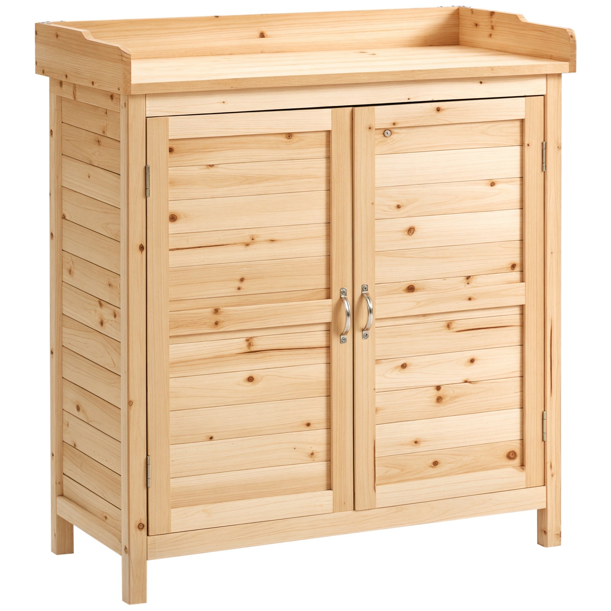 Outsunny Holz-Gartenkabinett für die Außenlagerung mit 2 Türen, Regal und erhöhten Beinen für Terrasse und Patio 83x40x92 cm Natur