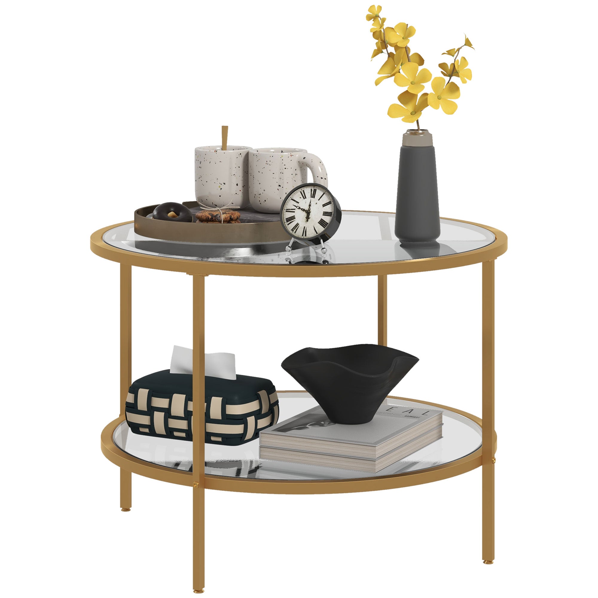 Side Table Round Coffee Table with Shelf, Steel Frame, Coffee Table, Bedside Table for Living Room, Bedroom, Gold, ?60 x 43 cm