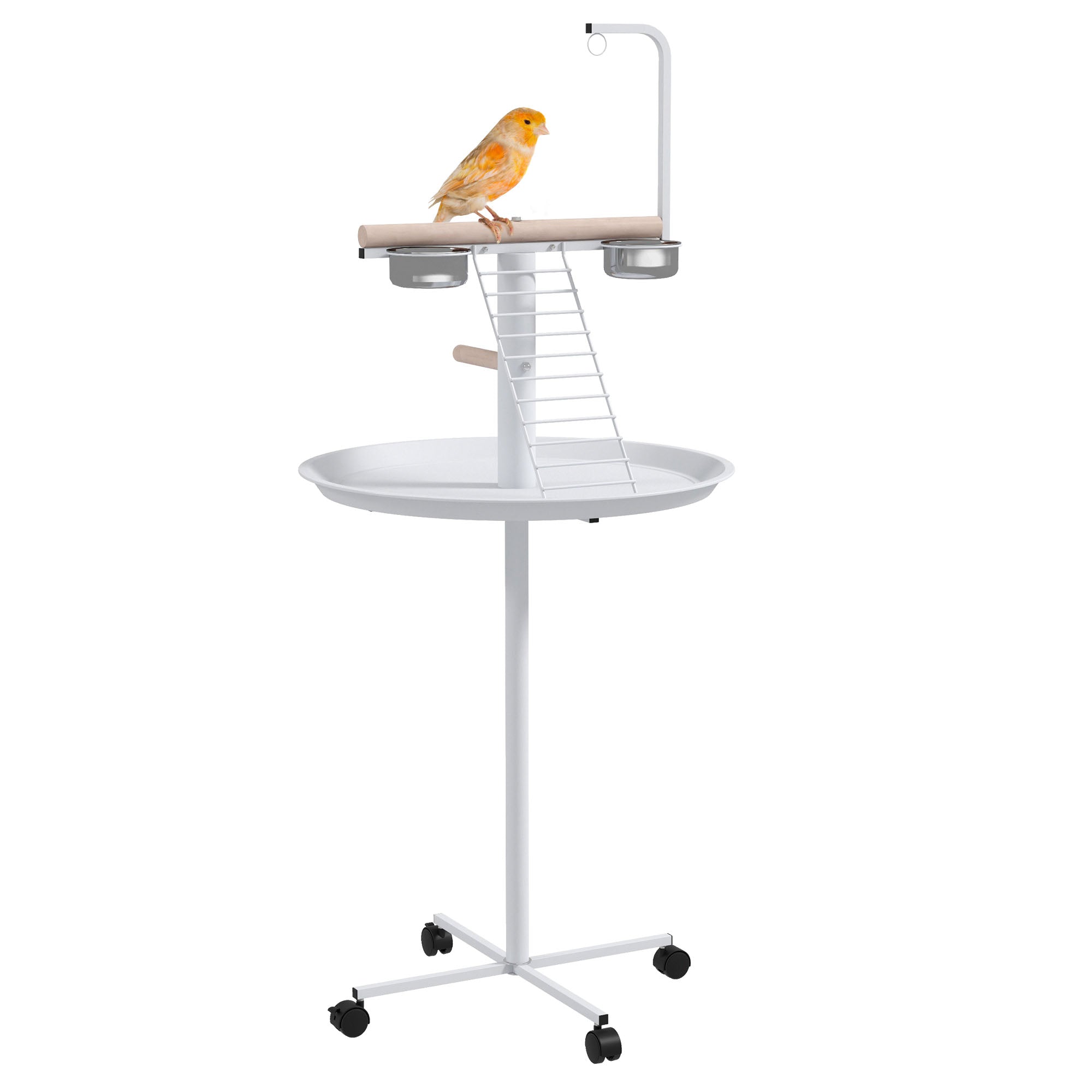Parrot Playground with Feeding Station, Bird Feeding Station with Wheels, Perches, Bird Feeder with Ladder for Garden, Balcony, Steel, White