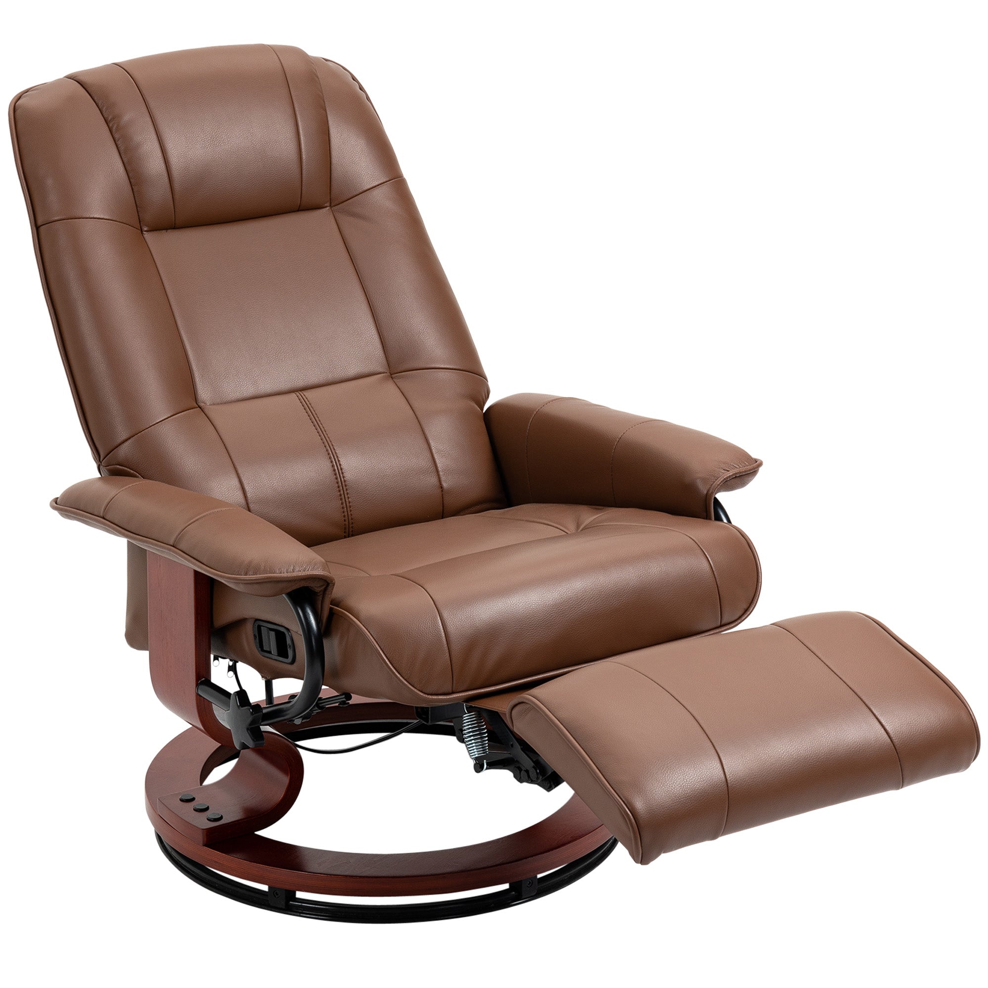 Swivel Recliner Chair with 145° Adjustable Backrest & Footrest, 360° Rotating TV Armchair, Faux Leather Lounge Chair with Wooden Base, Brown