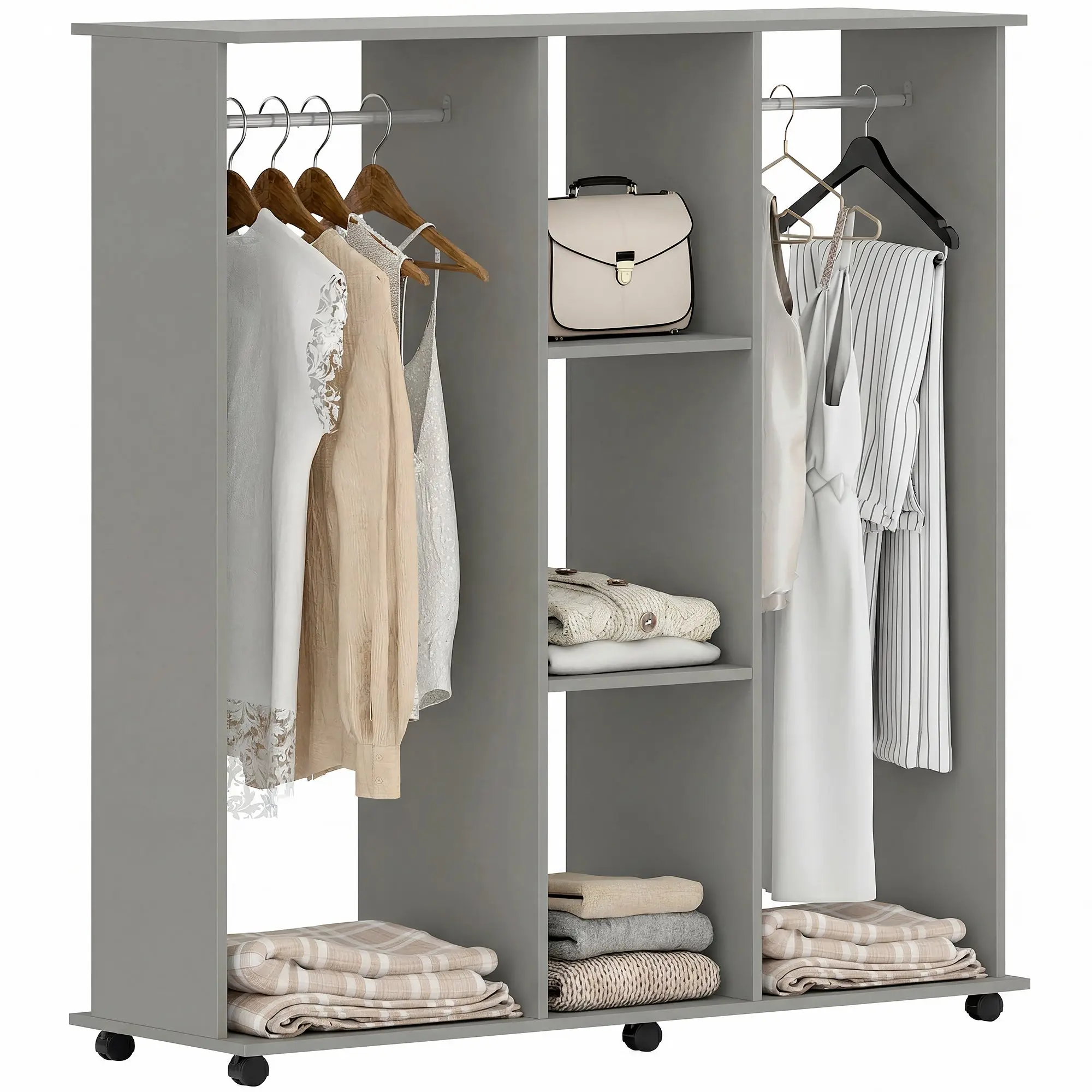 Grey Mobile Wardrobe — Double Hanging Rails, 6 Casters, Particleboard, 47.2 x 15.7 x 50.4 in