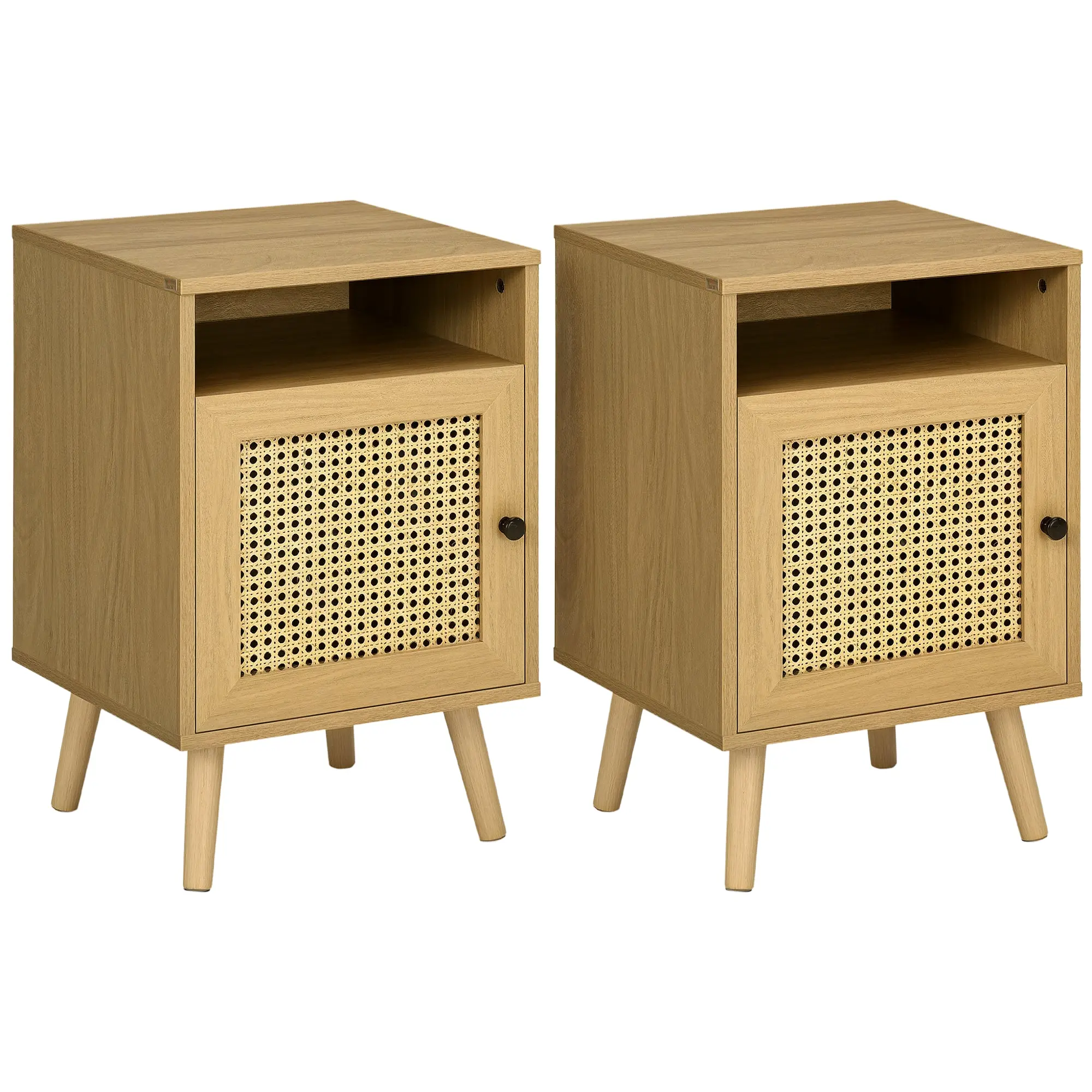 Set of 2 Bedside Tables with Rattan Door Nightstands with Open Shelf Side Tables for Bedroom Living Room 39x35x60 cm Natural