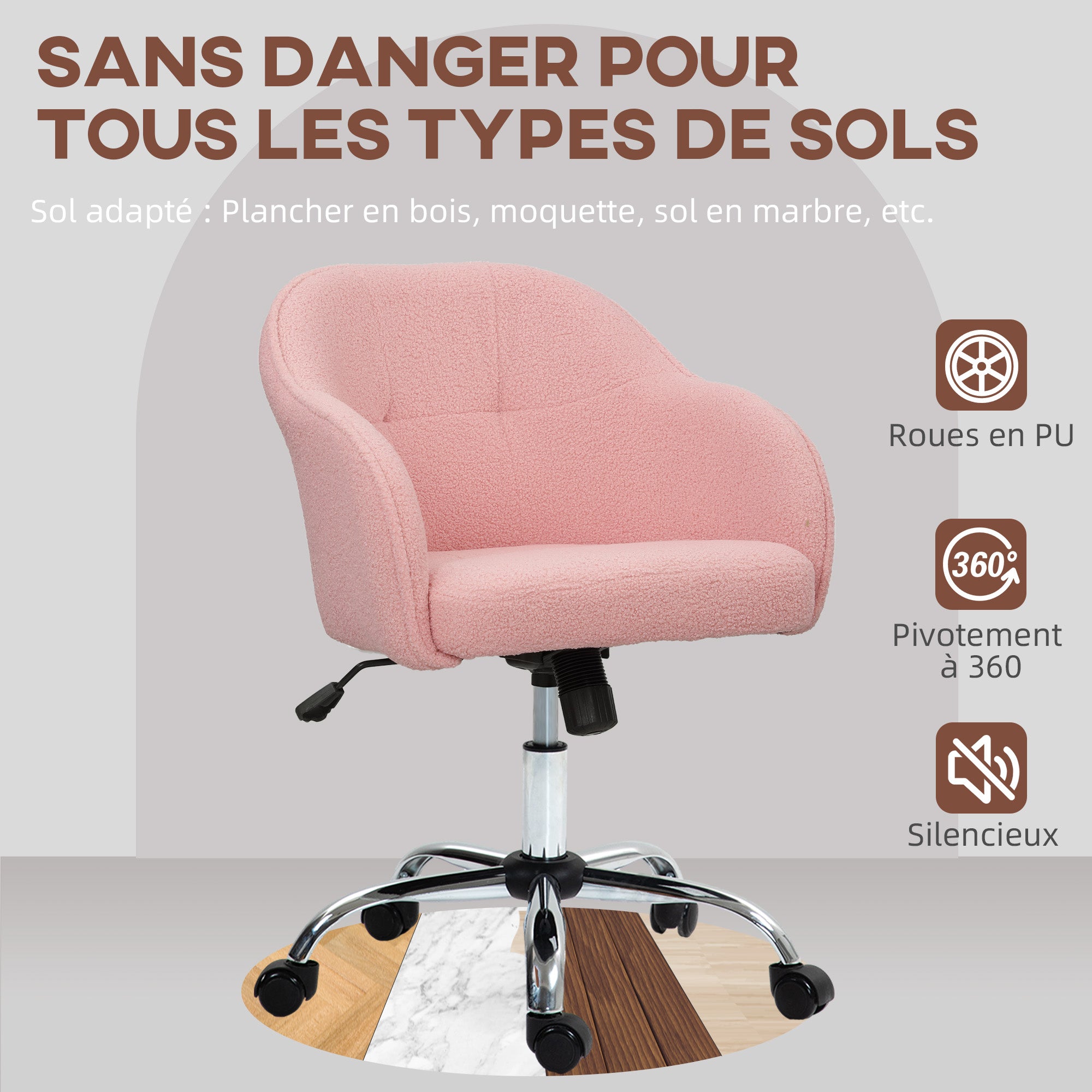 Office Chair, Teddy Plush Ergonomic Desk Chair, Adjustable Height, Padded Seat and Backrest, 360° Swivel, Modern Design, for Office, Bedroom, Pink
