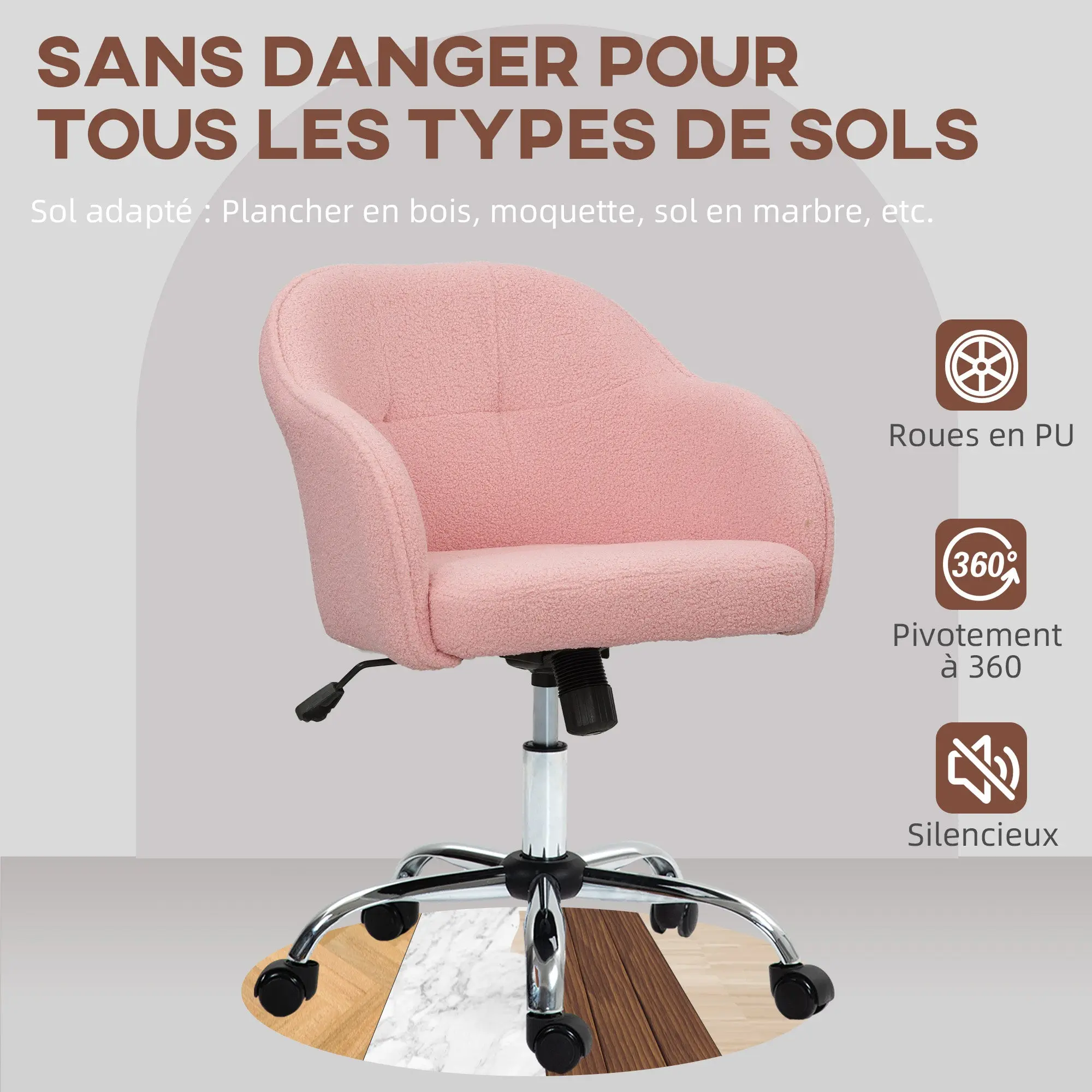 Office Chair, Teddy Plush Ergonomic Desk Chair, Adjustable Height, Padded Seat and Backrest, 360° Swivel, Modern Design, for Office, Bedroom, Pink