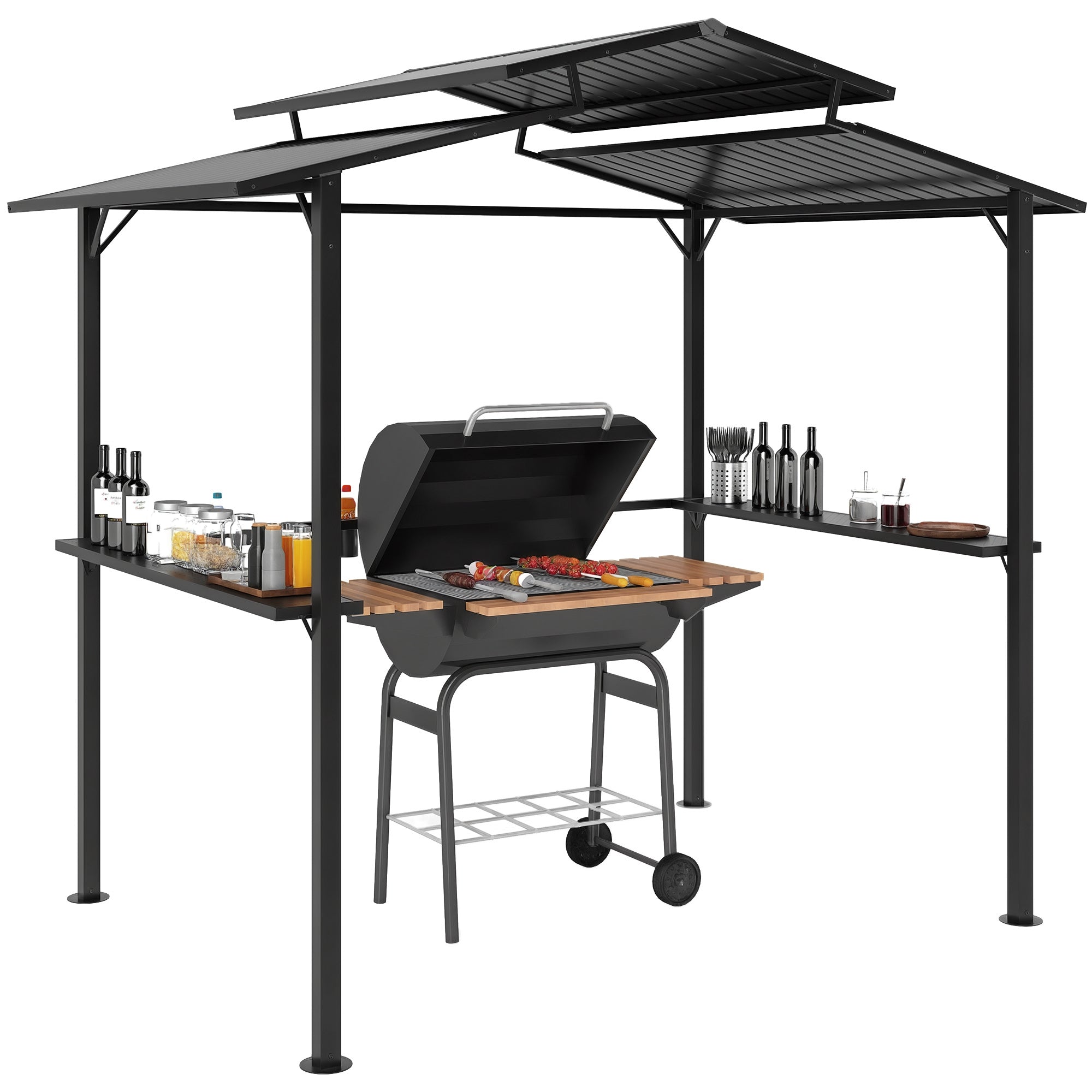 Outsunny Gazebo za Roštilj 250 x 160 x 250 cm Vodootporni Vrtni Paviljon s Dvostrukim Krovom, Bočnim Policama, Vrtni Gazebo s UV Zaštitom, BBQ Paviljon, Vrtni Šator za Roštilj Party BBQ, Crni