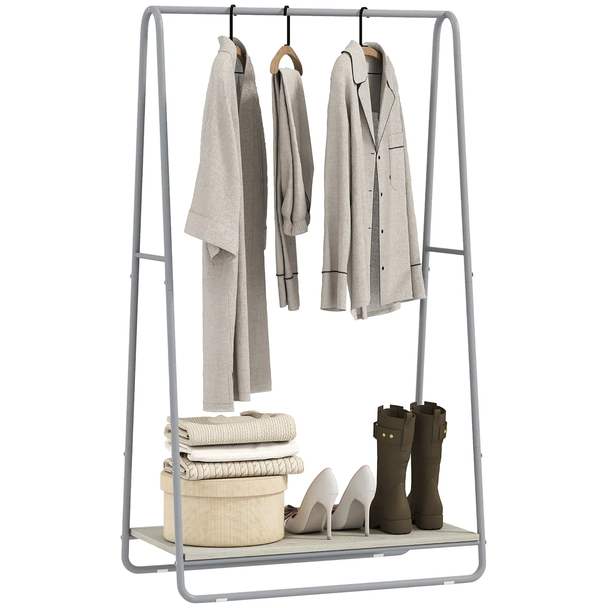 3-in-1 Coat Rack with Shoe Shelf — Metal Frame, Natural Wood & Gray
