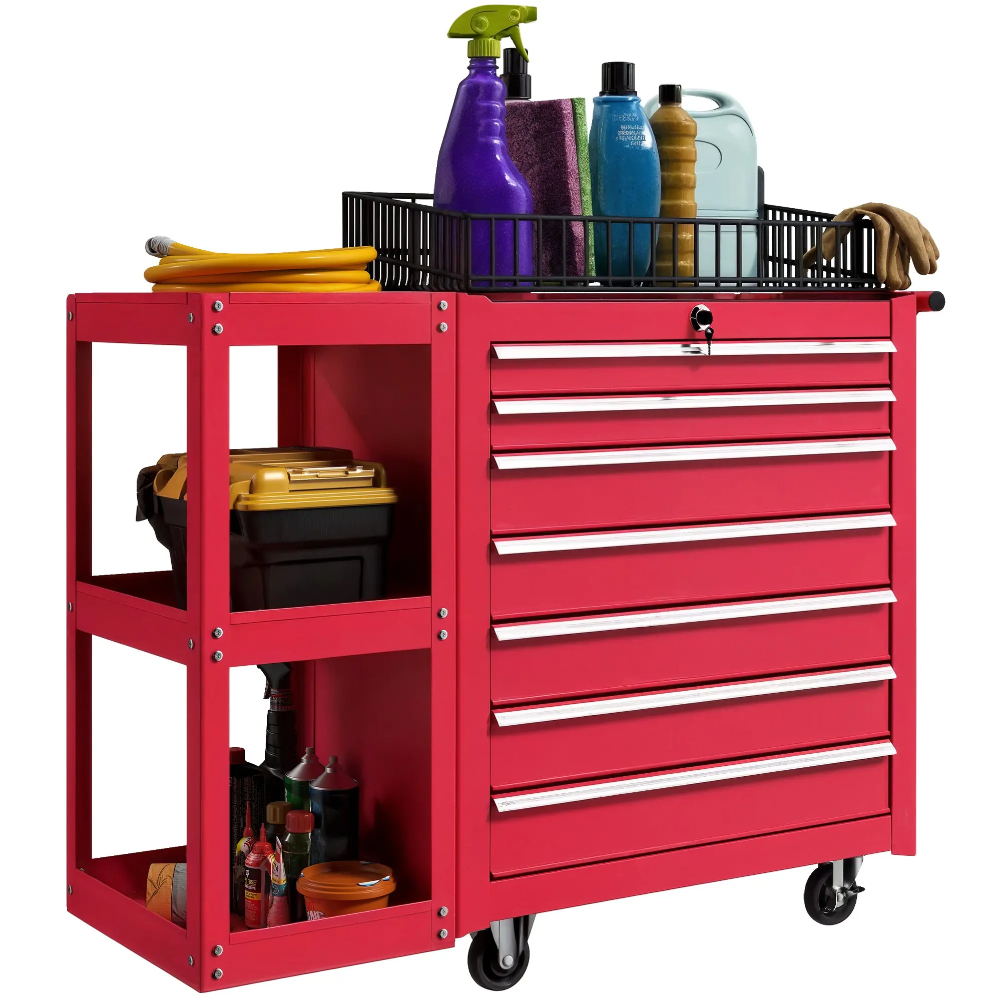 7-Drawer Tool Cart with Detachable 3-Tier Side Shelf, Central Lock, Side Handle, Locking Wheels, Red