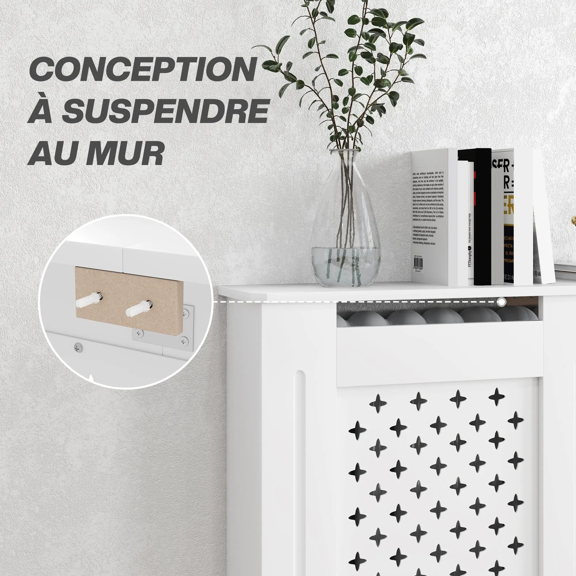 Radiator Cover, Radiator Cabinet, Cross Grid Grill, Top Shelf, for Living Room, Bedroom, Hallway, Wooden, 112 x 19 x 81.5 cm, White