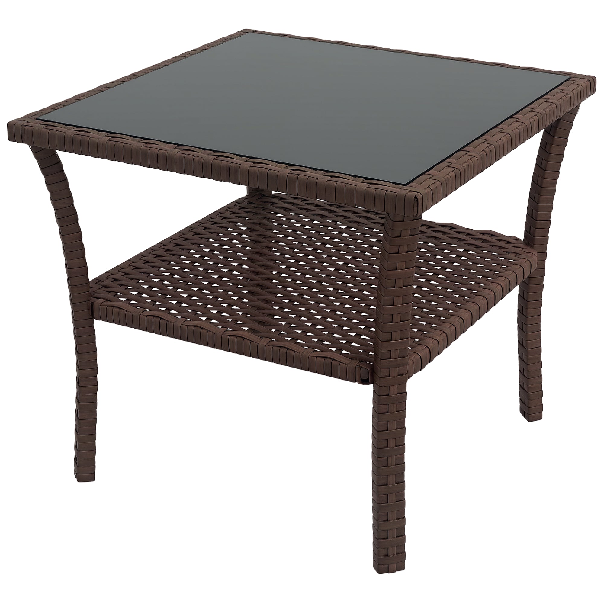 Outsunny Négyzetes Mesterséges Rattan Asztal 50x50x45 cm Üveg Felső Polccal és Acél Vázzal 30 kg Teherbírás Teraszra, Pavilonra Barna