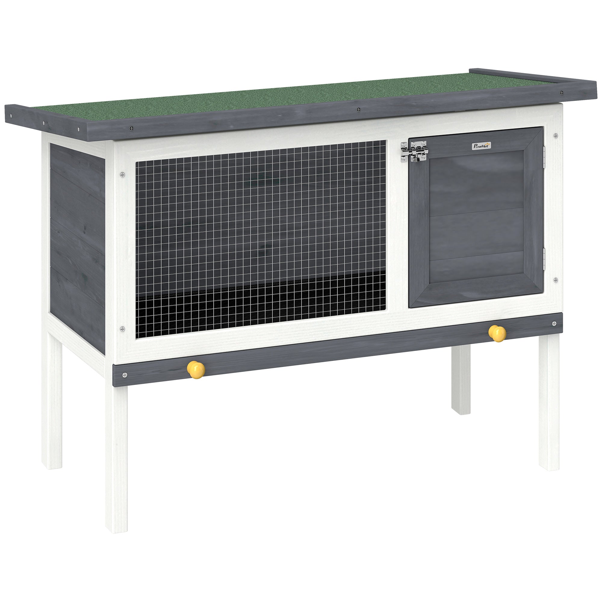 PawHut puidust jänesepuur 90 x 45 x 65 cm — tõstetud välikuur hingedega bituumenkatusega, väljatõmmatav sahtel, uks ja metallvõrk, hall