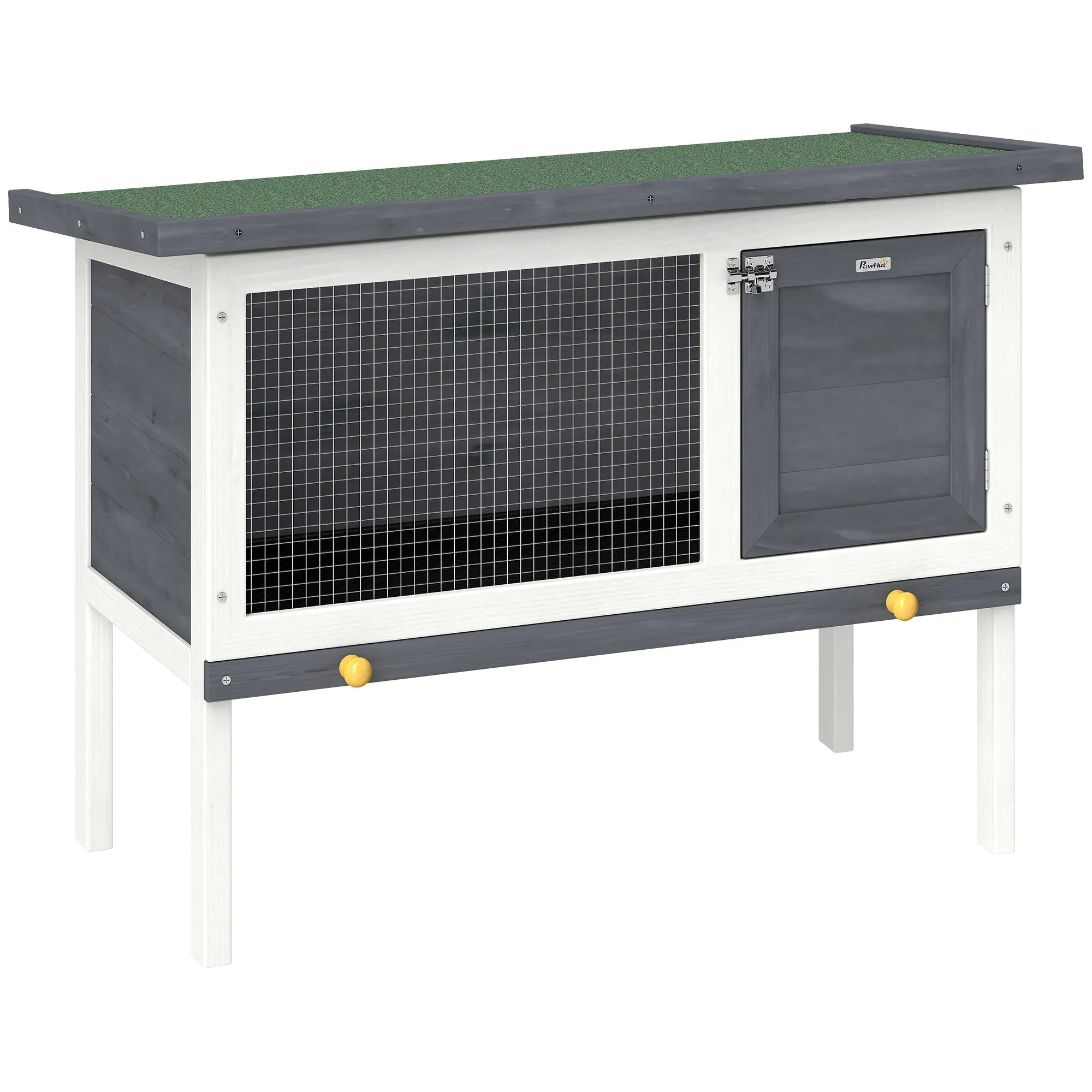 Elevated Wooden Rabbit Hutch with Run, Outdoor Rabbit House for Small Animals with Hinged Roof, Pull-Out Tray & Lockable Door, 90 x 45 x 65 cm, Gray