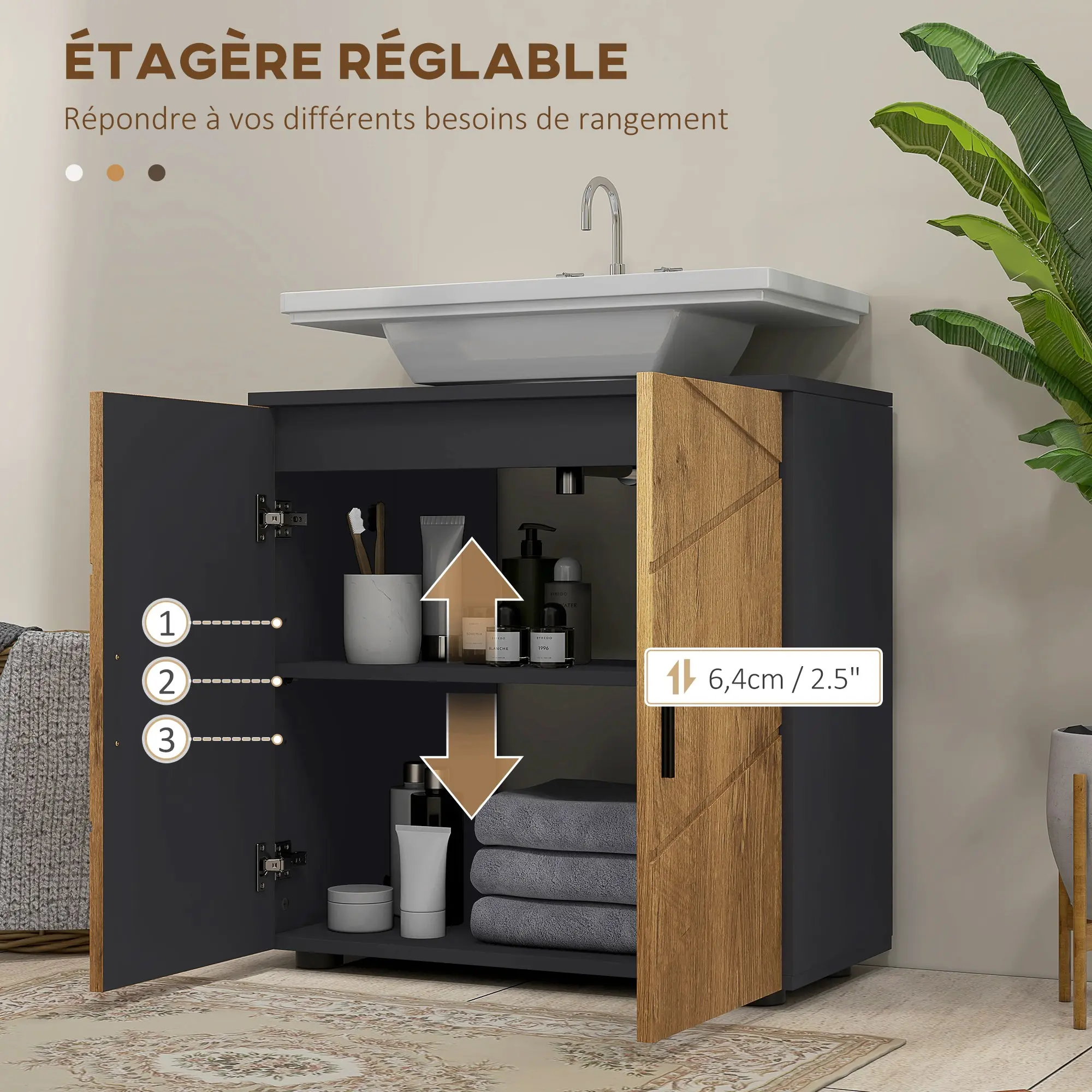 Bathroom Basin Vanity Unit 2-Door Cabinet with Adjustable Shelf Storage Cupboard for Sink 60 x 30 x 60 cm Anthracite Grey and Wood Effect