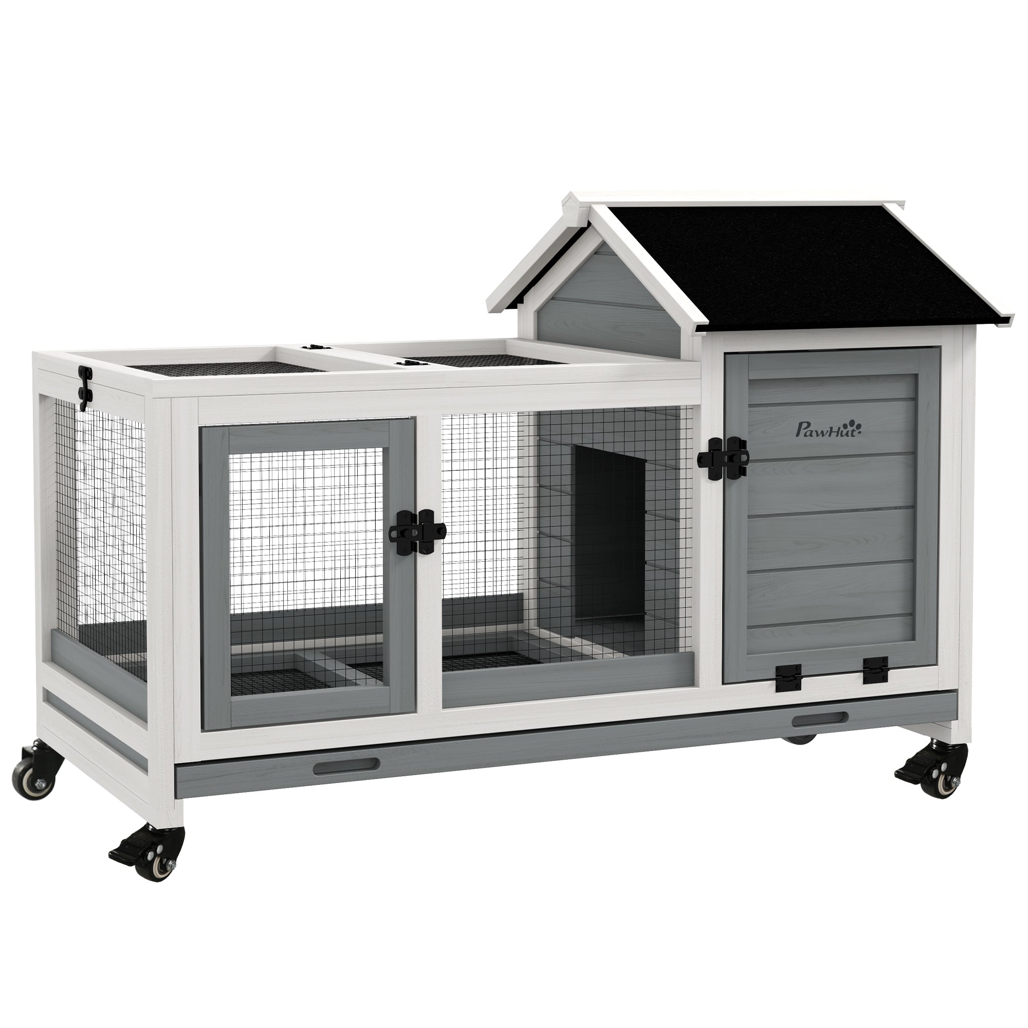 Small Animal Cage Indoor Outdoor with Wheels, 108x58x73.5 cm Mobile Wooden Hutch for Guinea Pigs, Dwarf Rabbits, Foldable Roof, Pull-Out Tray, Lockable Doors, Grey