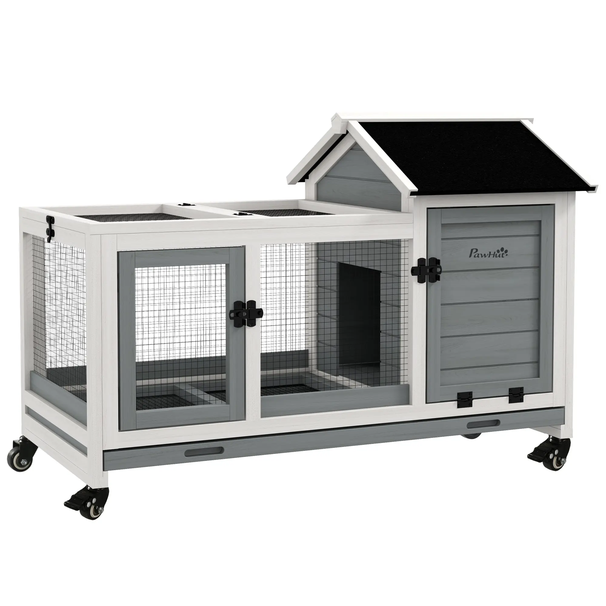 Small Animal Cage Indoor Outdoor with Wheels, 108x58x73.5 cm Mobile Wooden Hutch for Guinea Pigs, Dwarf Rabbits, Foldable Roof, Pull-Out Tray, Lockable Doors, Grey
