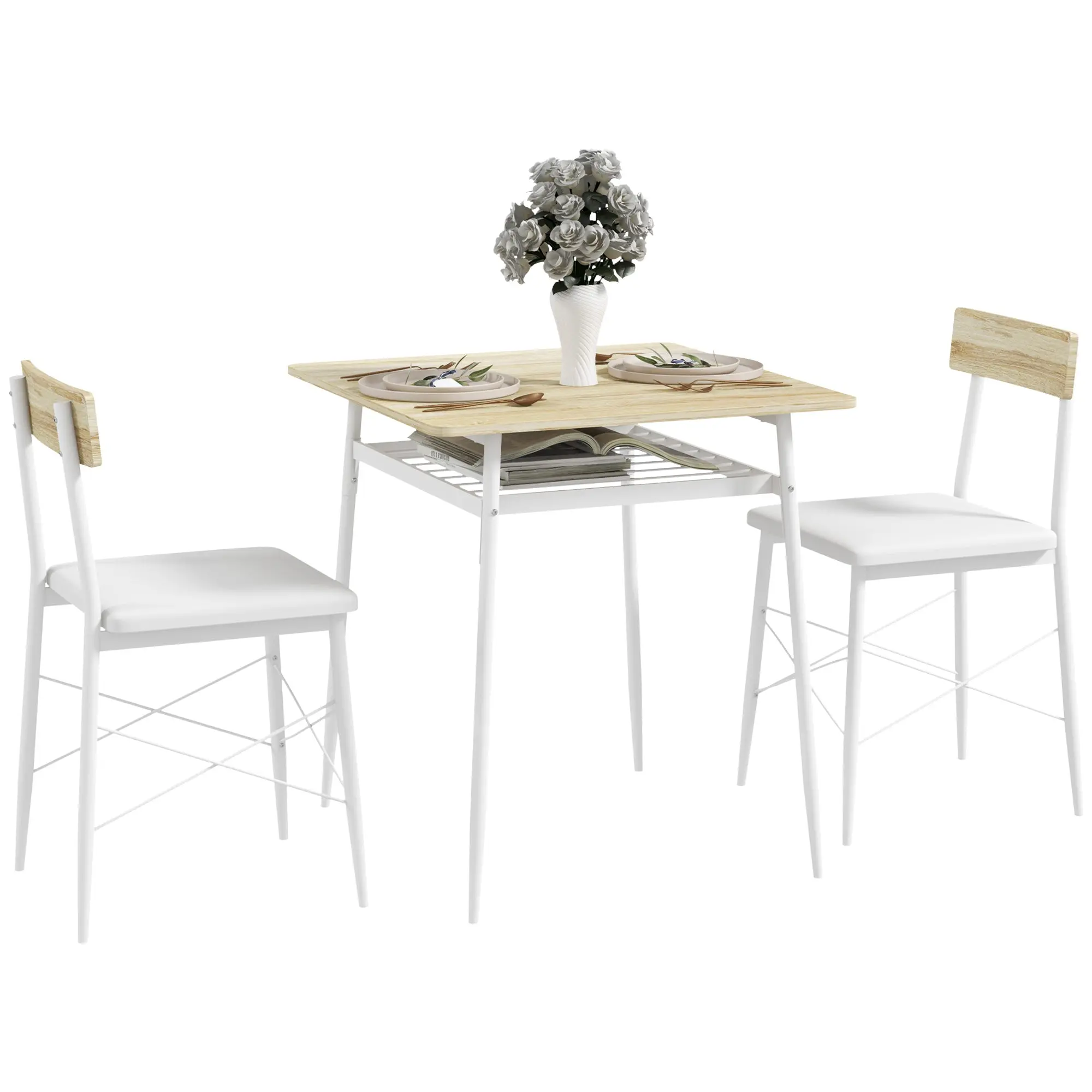3-Piece Dining Table and Chairs Set Kitchen Table with 2 Armless Chairs Rectangular Table with Open Shelf White and Oak Steel Frame