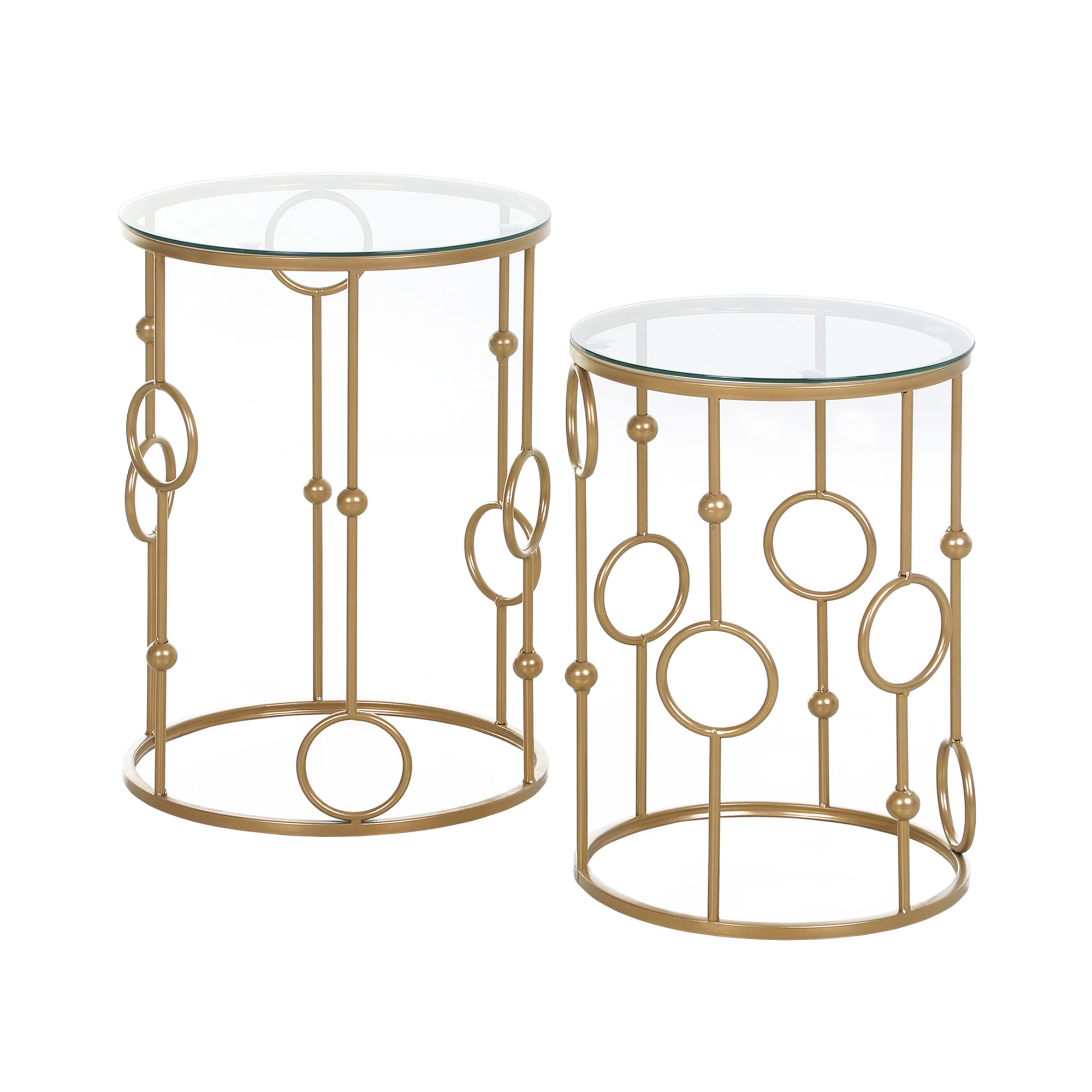 2-Piece Coffee Table Set, Side Table with Glass Top, Living Room Table with Tire and Ball Design, Coffee Table for Living Room, Bedroom, Hallway, ?41 x 57 cm, Gold