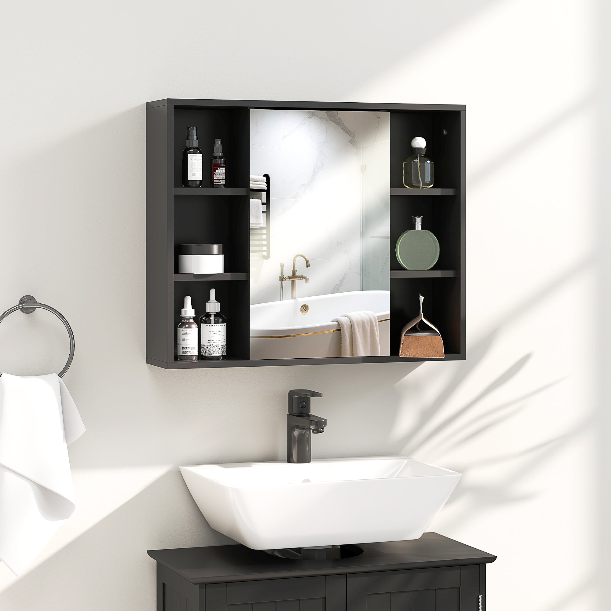 Wall Mounted Cabinet, Bathroom Storage Cabinet with Mirror, Bathroom Mirror with Storage, Door Cabinet and 6 Open Compartments, 60 x 14.5 x 49.4 cm, black