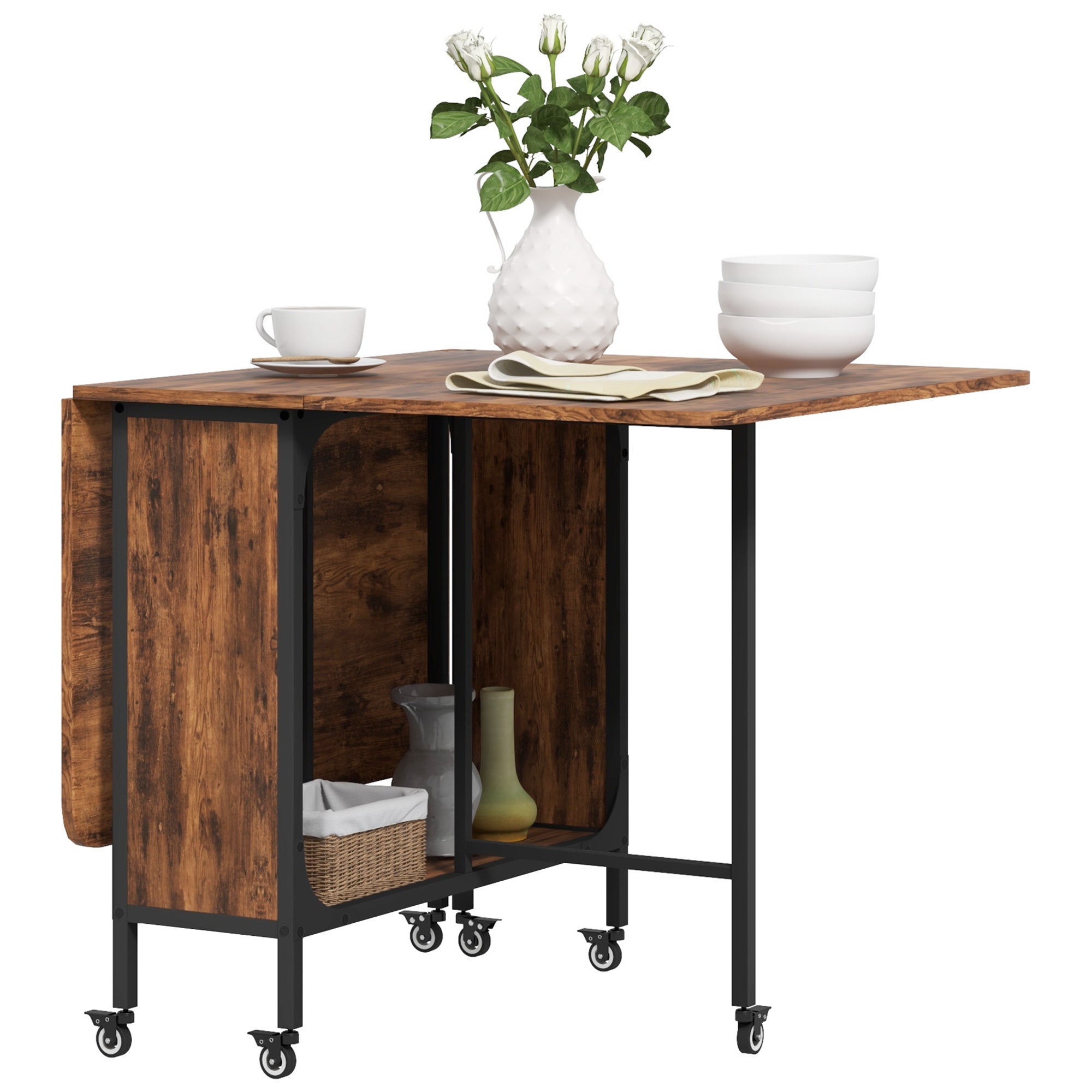 Folding Dining Table for Small Spaces, Drop Leaf Kitchen Table with Storage Shelf, Mobile Extendable Dining Table on 6 Lockable Wheels, Rustic Brown