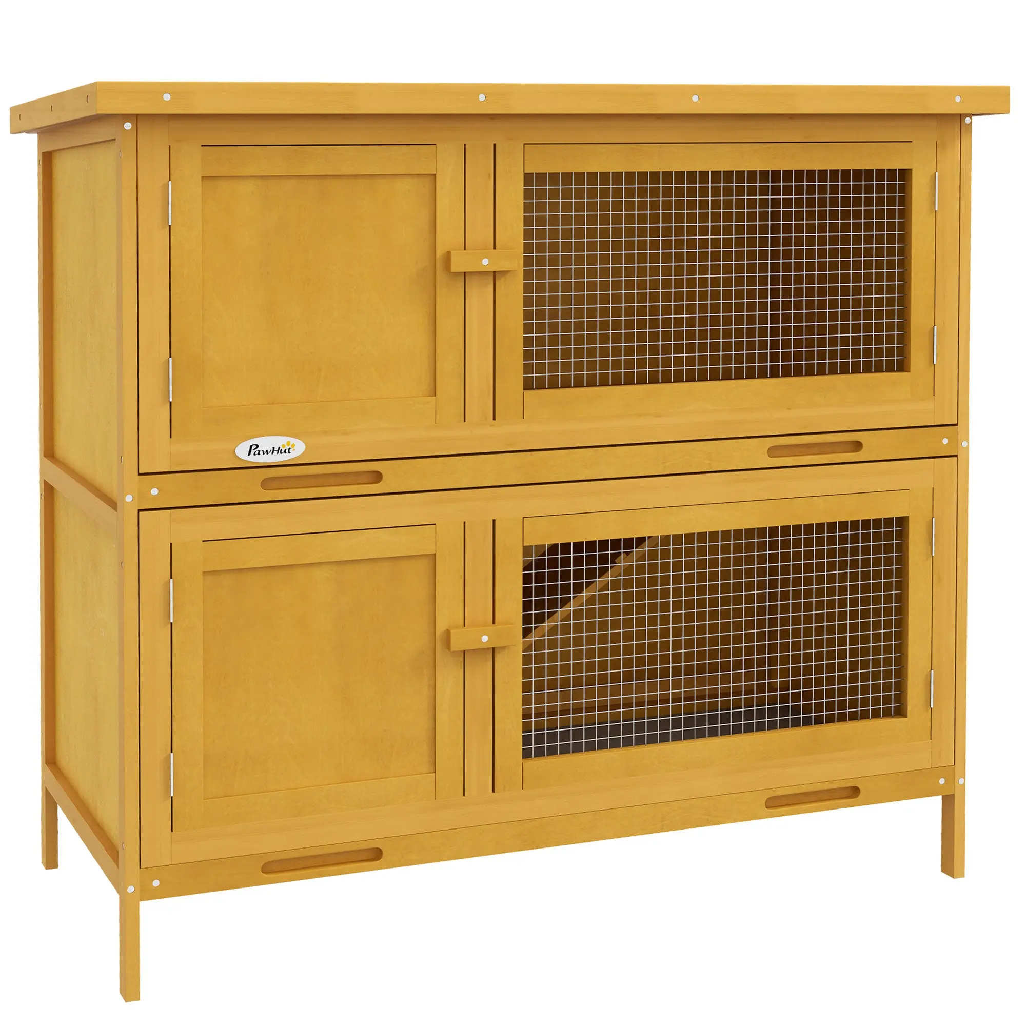 2-Tier Spruce Wood Rabbit Hutch with Non-Slip Ramp, 2 Pull-Out Trays & 4 Lockable Doors, Asphalt Roof, 97 x 44 x 91 cm (Yellow)