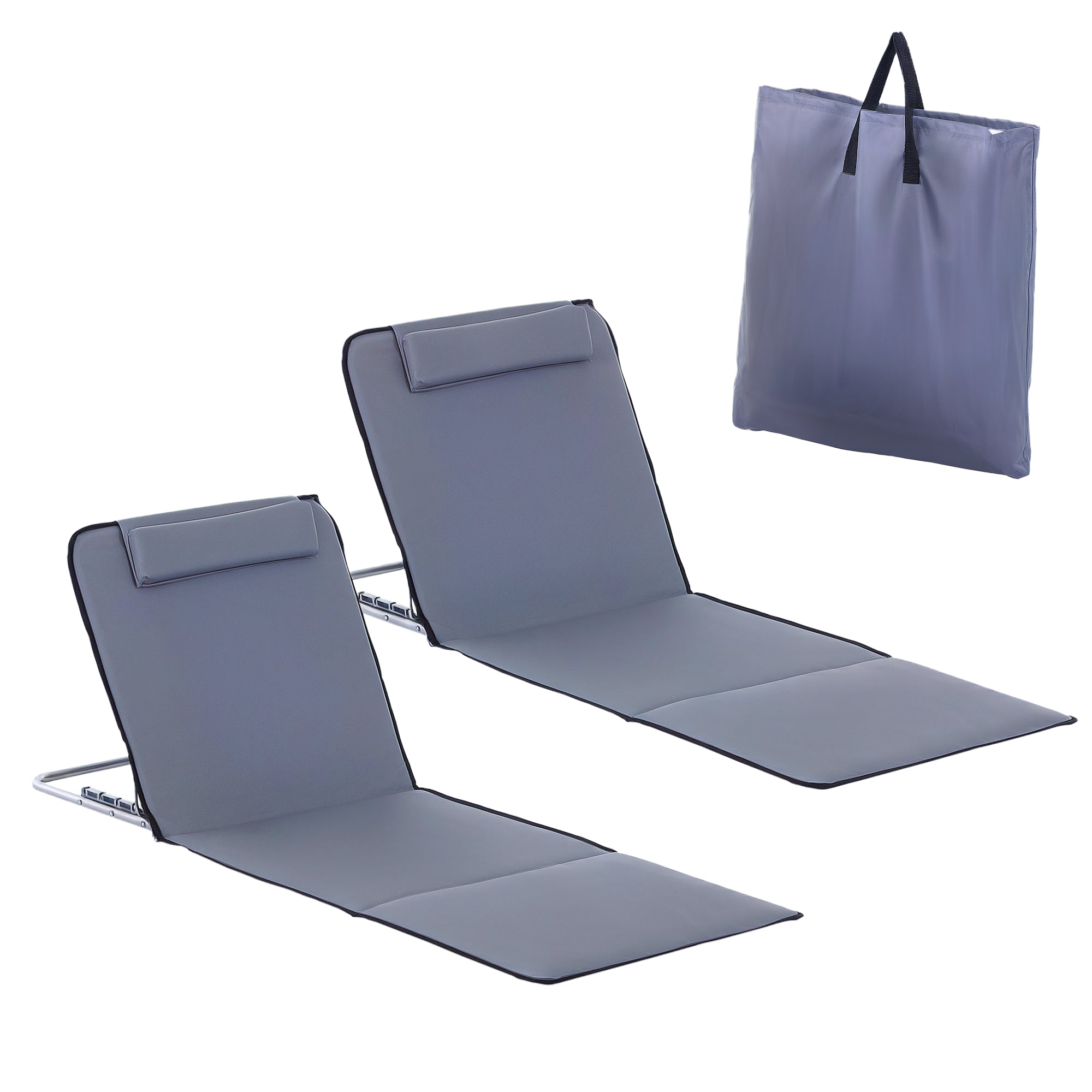 Outsunny Set mat 2 Faltbare Strandmattan mat Réckstéck an 5 Positiounen, Këssen a Transportbeutel 134x48x33-43 cm Giel