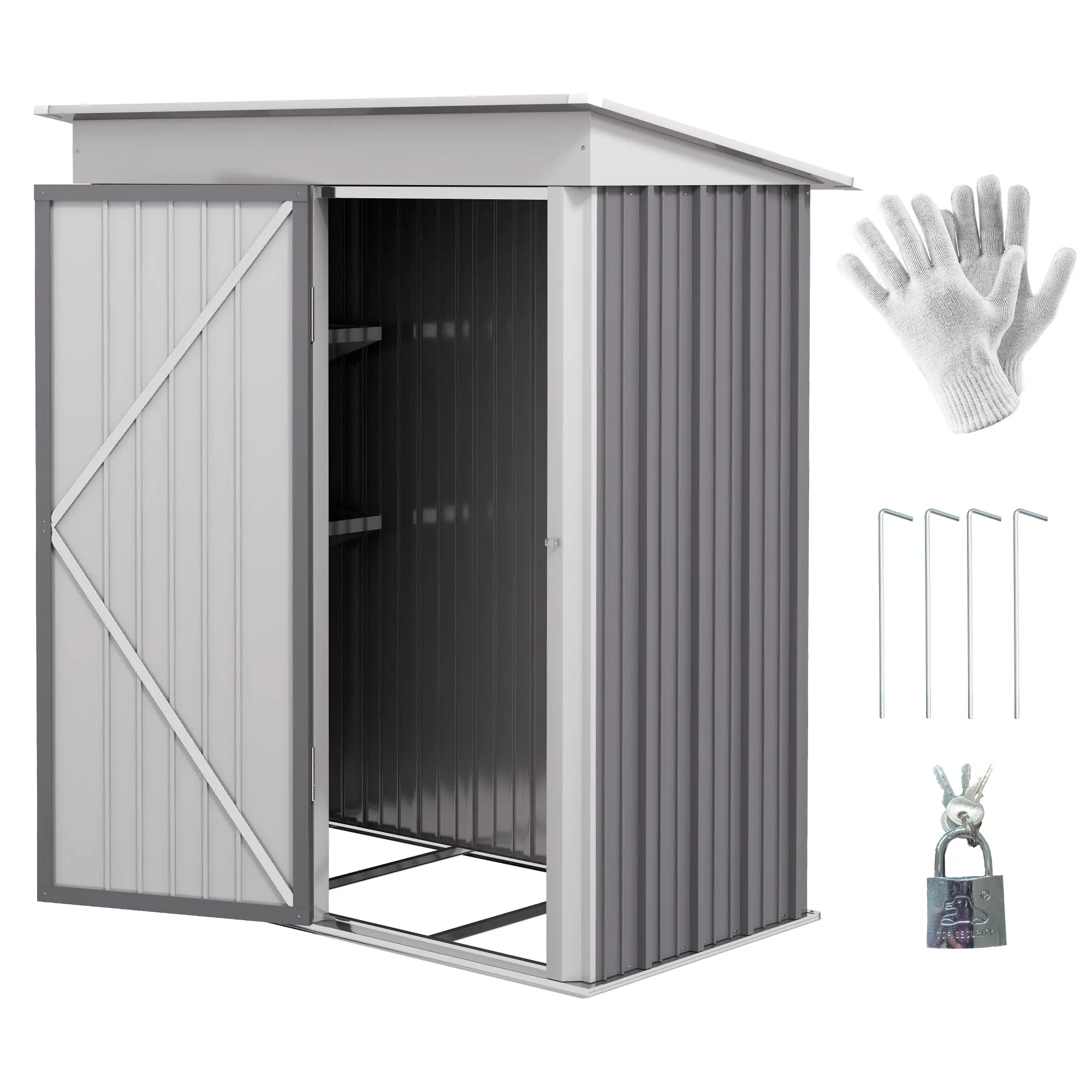 Steel Base Garden Shed with 2 Adjustable Shelves, Tool Storage Shed with Roof and Lockable Door, 161x95x163/181cm, Grey