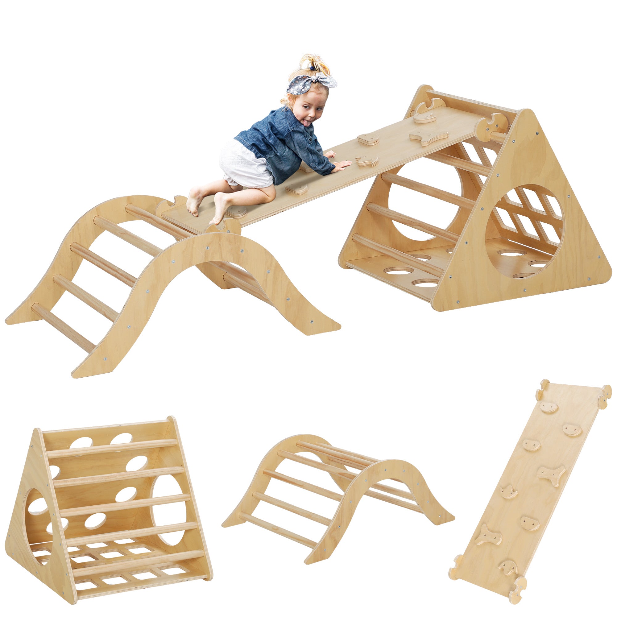 AIYAPLAY Triangle de Grimpe 8-en-1 en Bois Naturel pour Enfants de 18 à 48 Mois avec Escalade en Arc et Sac de Sable 175x59,5 cm