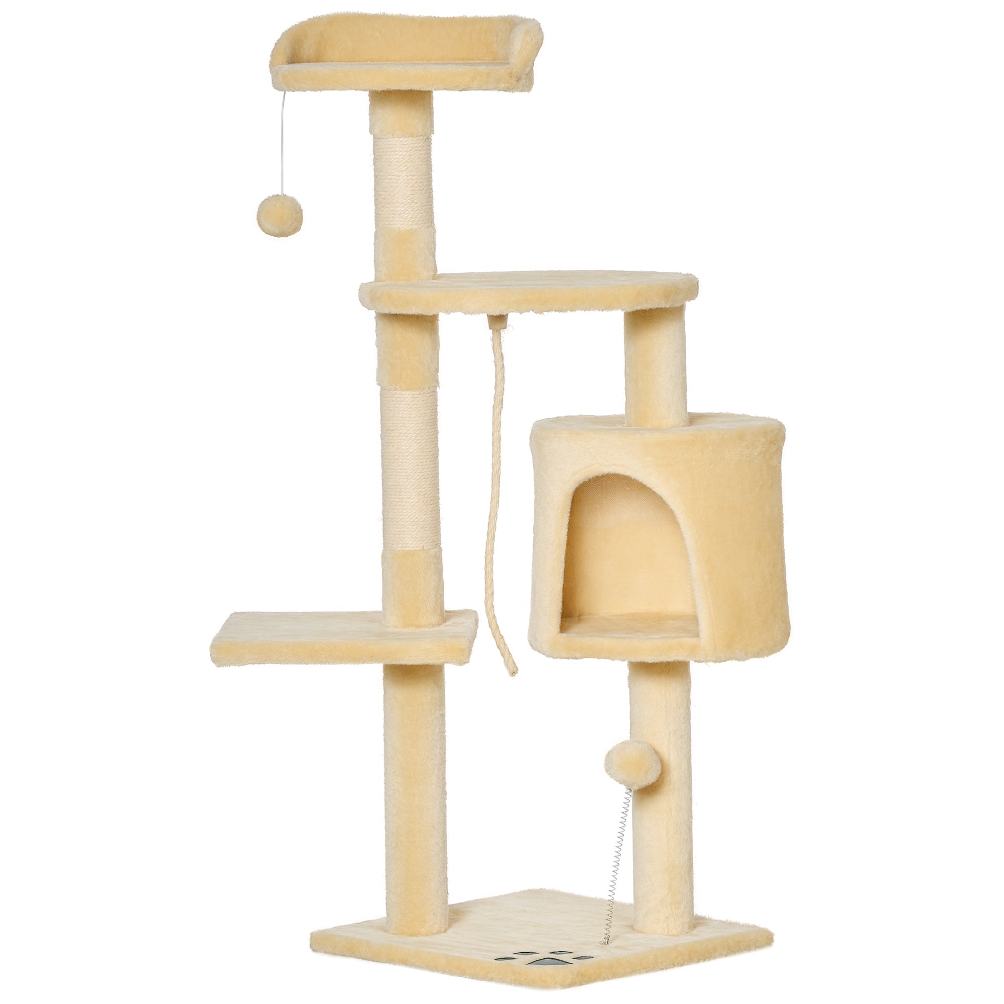 PawHut Katzenbaum Kratzbaum Groß mit Plattformen Hütten Spielbällen 114 cm in beigefarbenem Plüsch