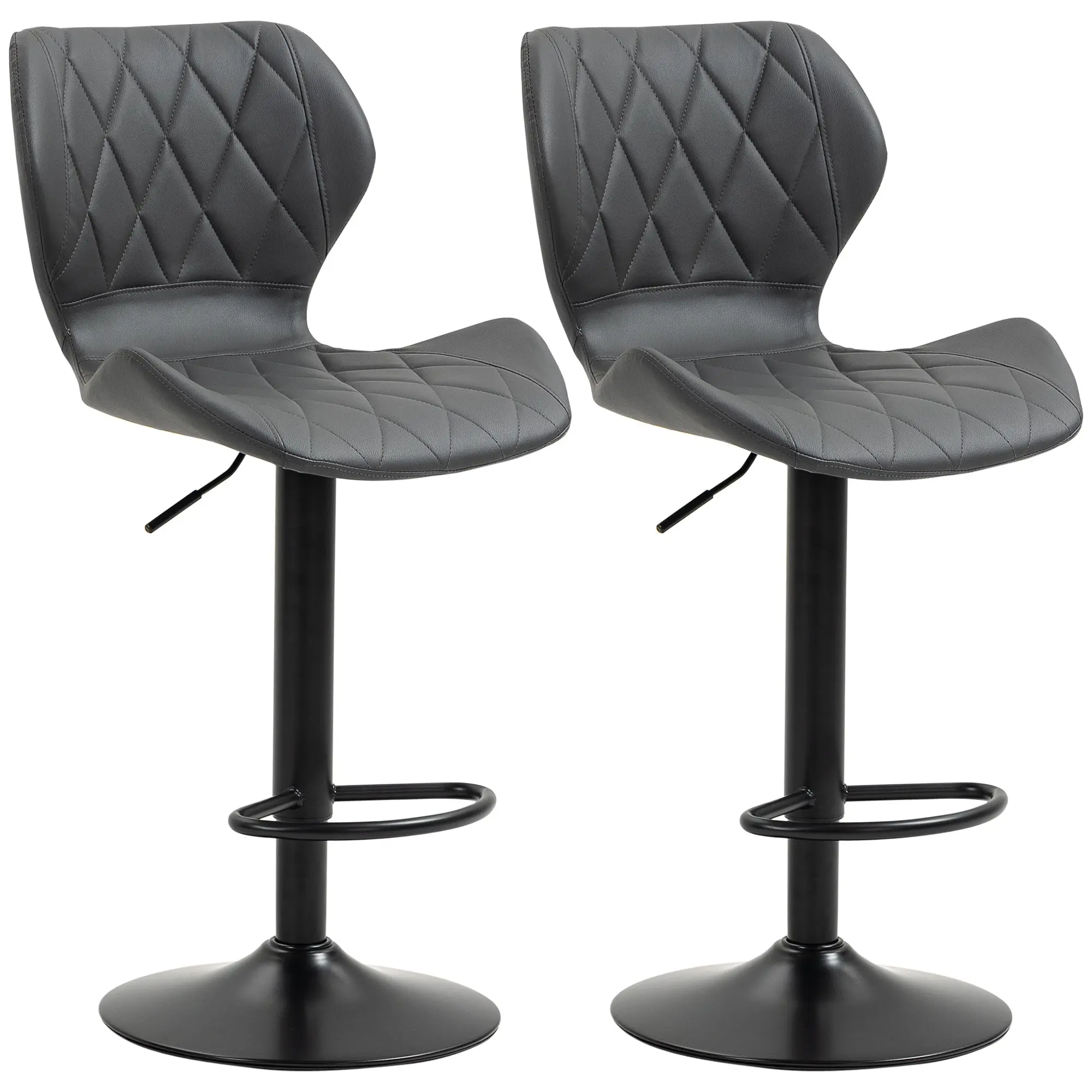 Set of 2 High Bar Stools in Faux Leather with Adjustable Height, Swivel Kitchen Stools with Backrest and Footrest, 44x50.5x94-114cm Gray