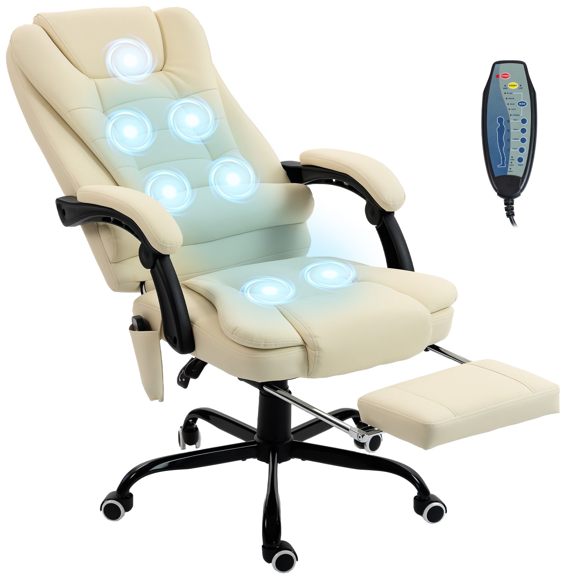 Massage Office Chair — Ergonomic, Height-Adjustable, Reclining Back with Wired Remote, Retractable Footrest, 360° Swivel (Beige)