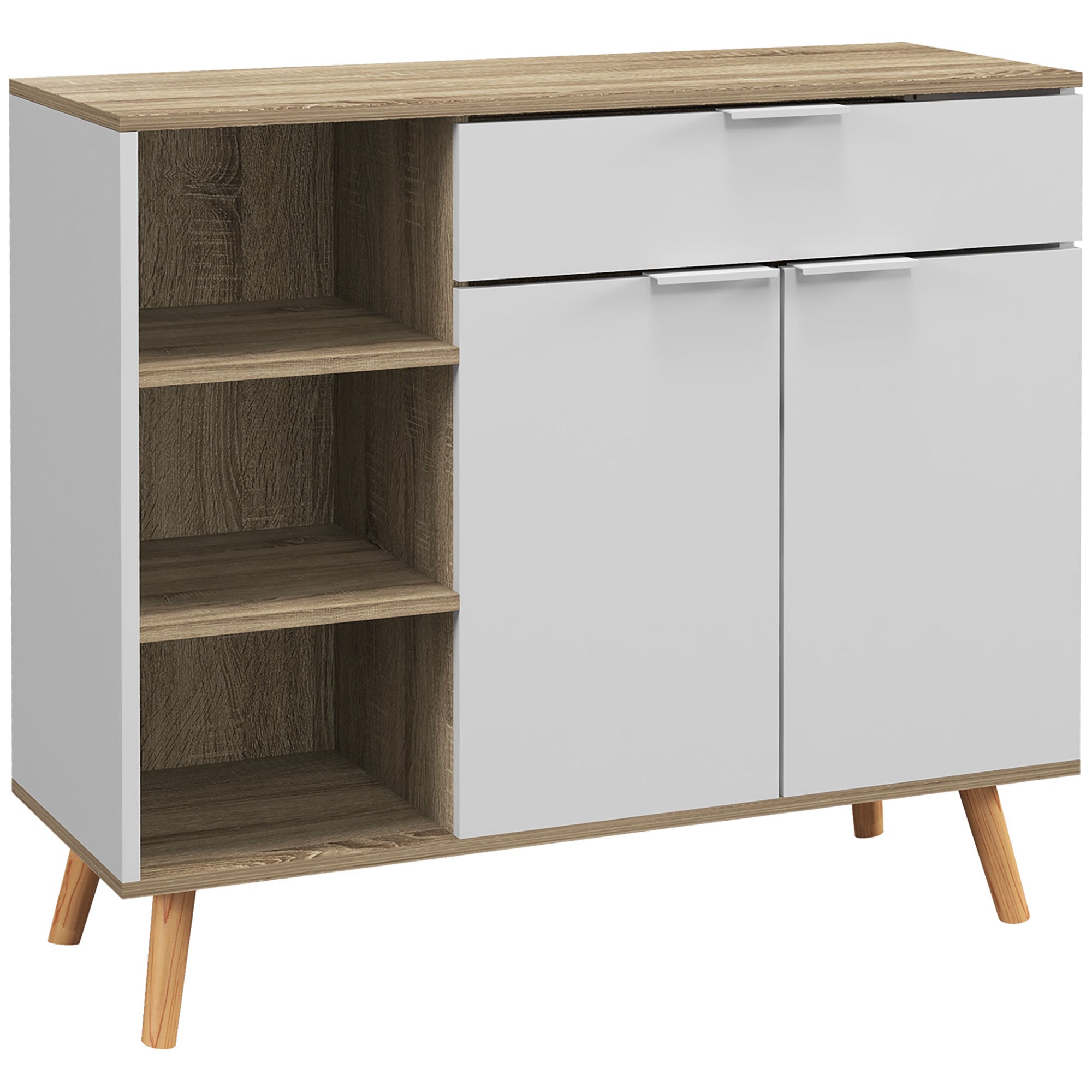 HOMCOM Moder Stranski Pult za Dnevno Sobo s 1 Predalom, 2 Mehkim Zapiranjem Vrati in Nastavljivimi Policami za Jedilnico, Hodnik, Spalnico 95x35x85 cm Bela in Naravna