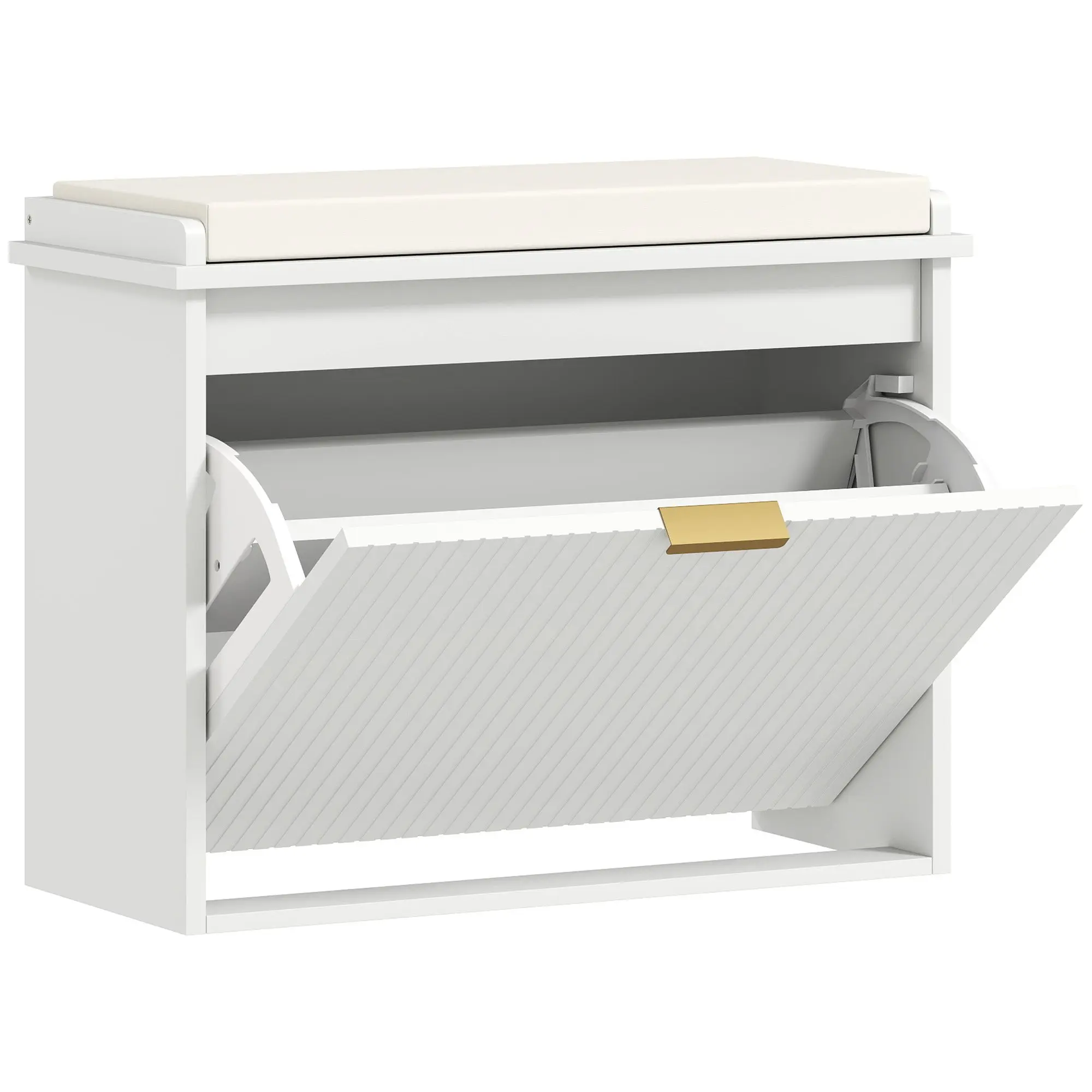 Shoe Bench Shoe Cabinet with Padded Seat Cushion and Fold-Out Drawer, Entryway Bench for Hallway, Bedroom, Holds 120 KG, 62 x 26 x 47.5 cm, White
