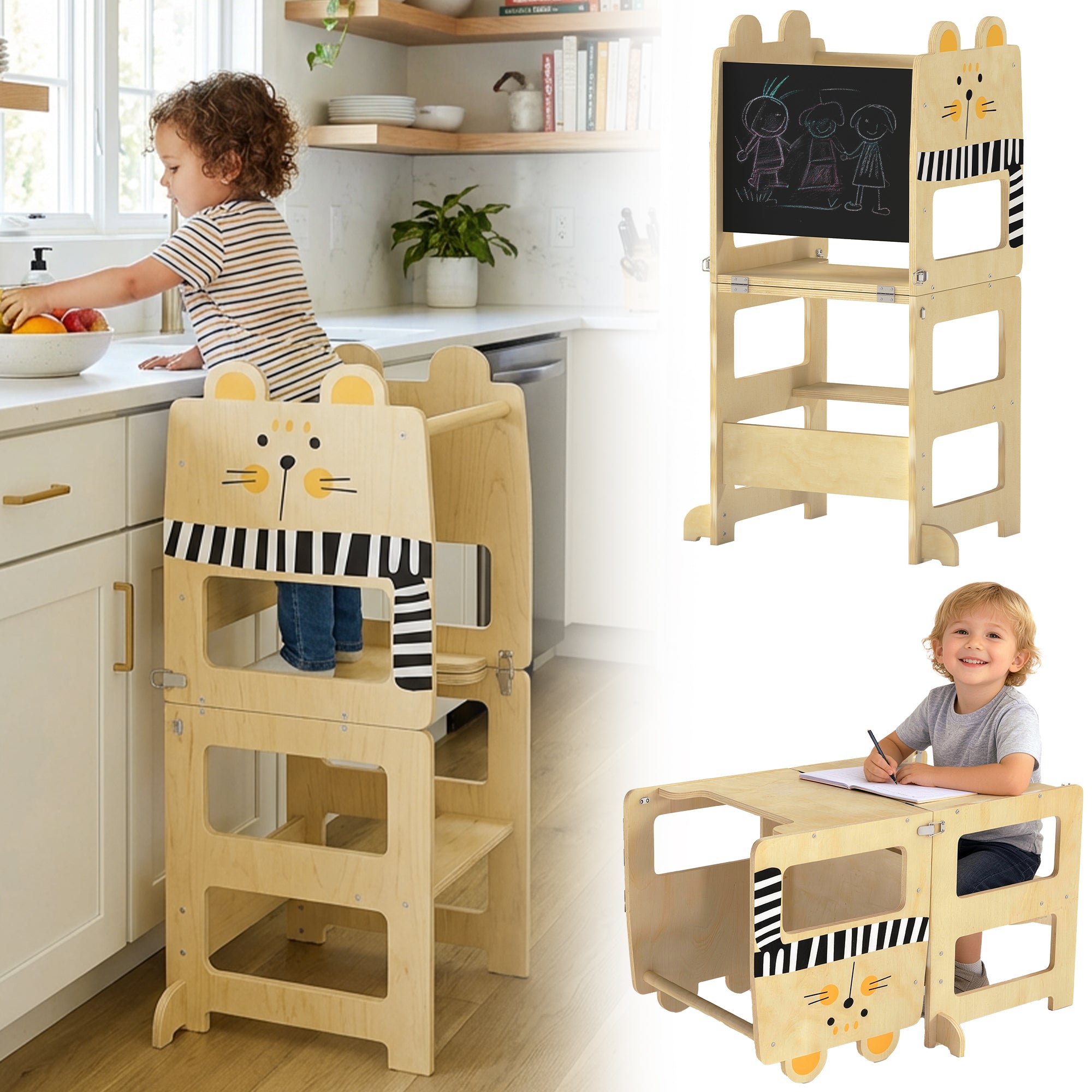 AIYAPLAY 3‑in‑1 Klapp‑Lernturm – umbaubar zu Tisch & Stuhl, mit Tafel, Katzenmotiv, Naturholz, 2–5 Jahre
